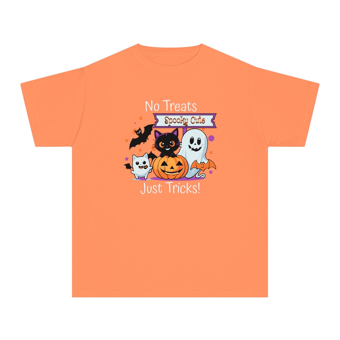 youth t-shirt, youth halloween t-shirt, no treats, just tricks!