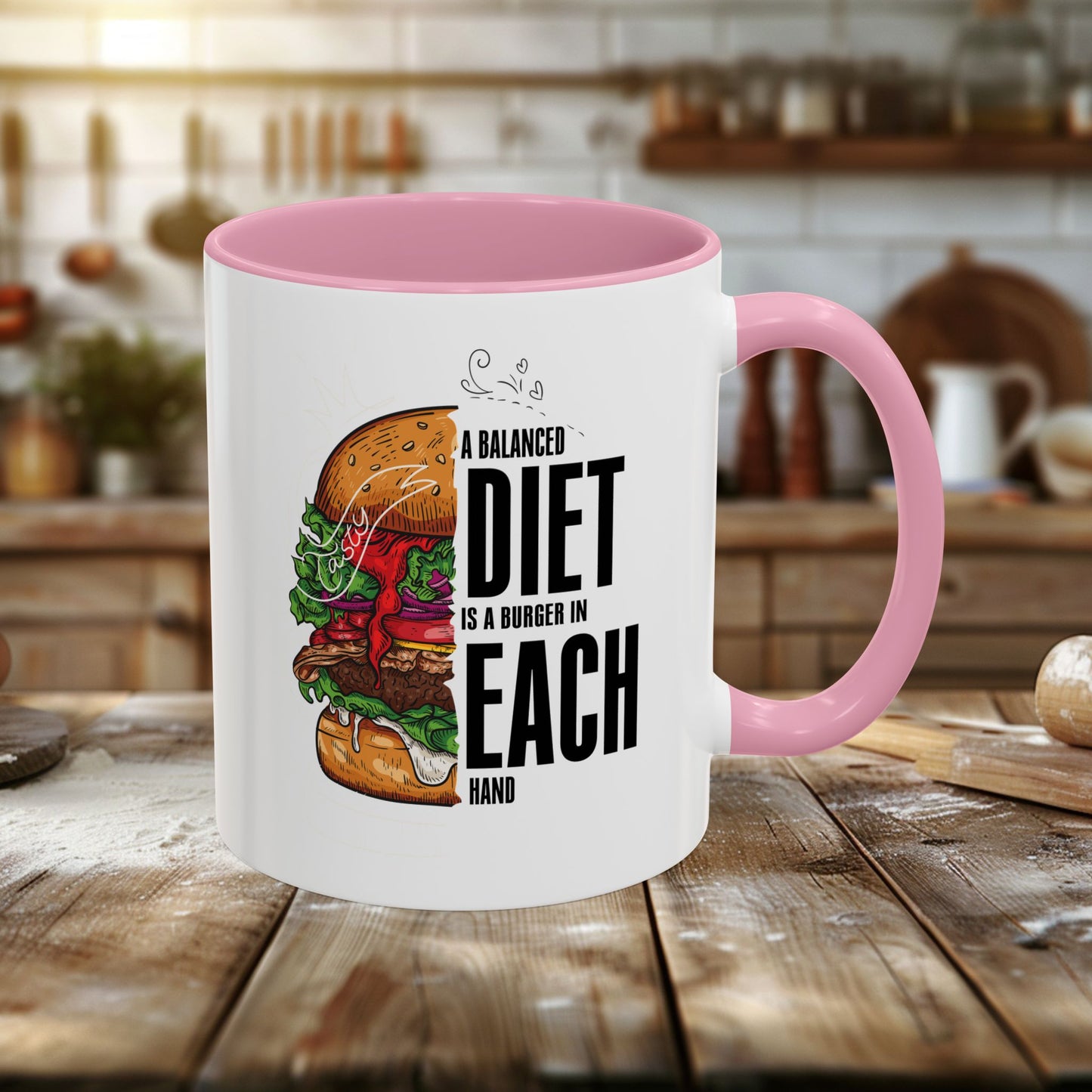 colorful mugs (11oz, 15oz) - a balanced diet is a burger in each hand - funny food quote