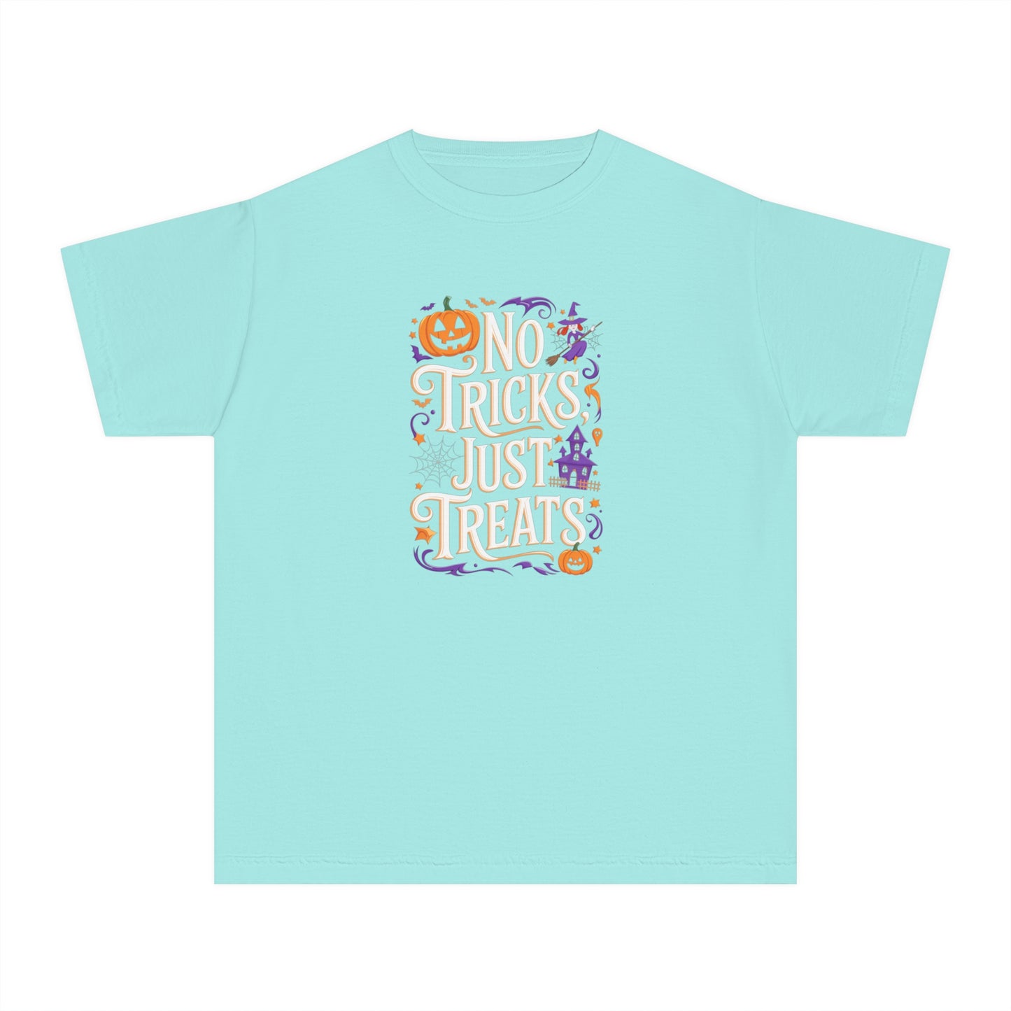youth t-shirt, youth halloween t-shirt, no tricks just treats!