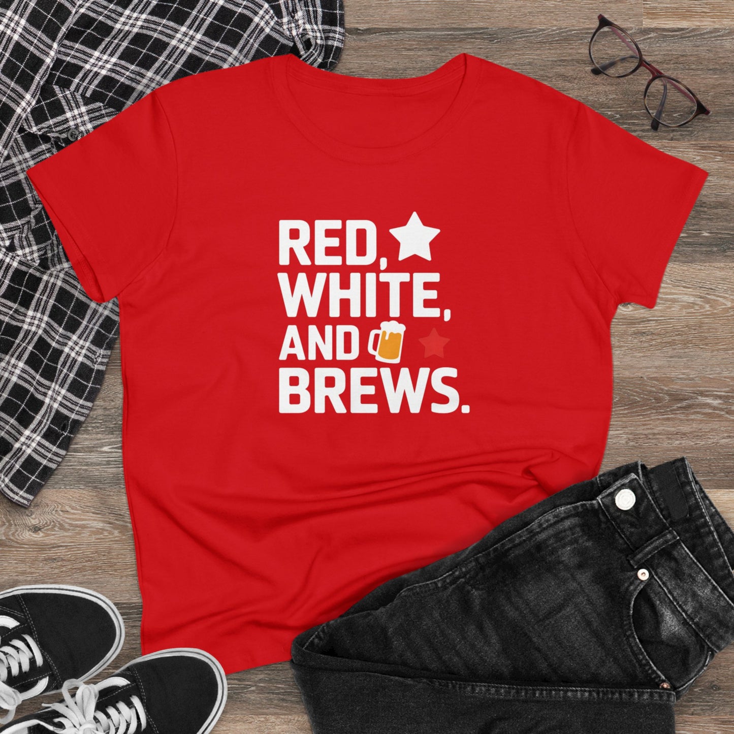 women's t-shirt, women's tee, funny gift, red white and brews!