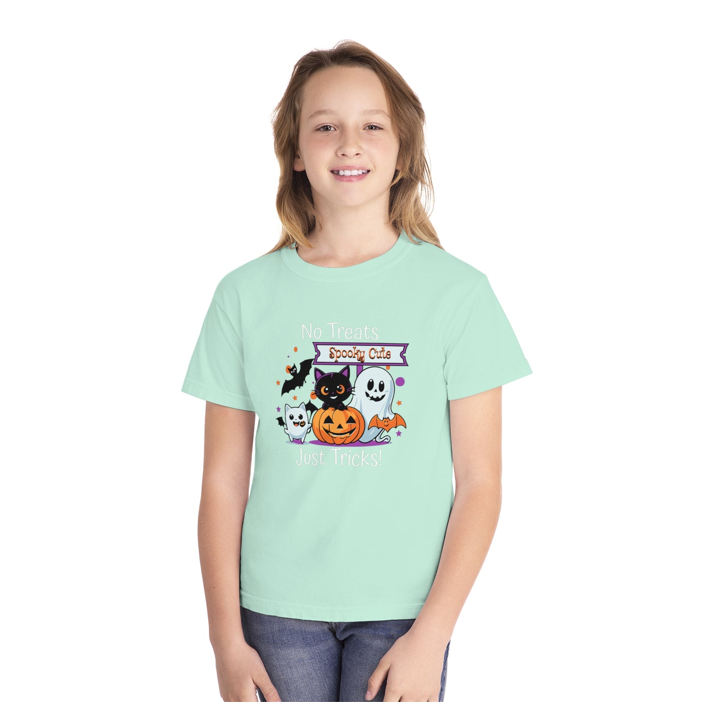 youth t-shirt, youth halloween t-shirt, no treats, just tricks!