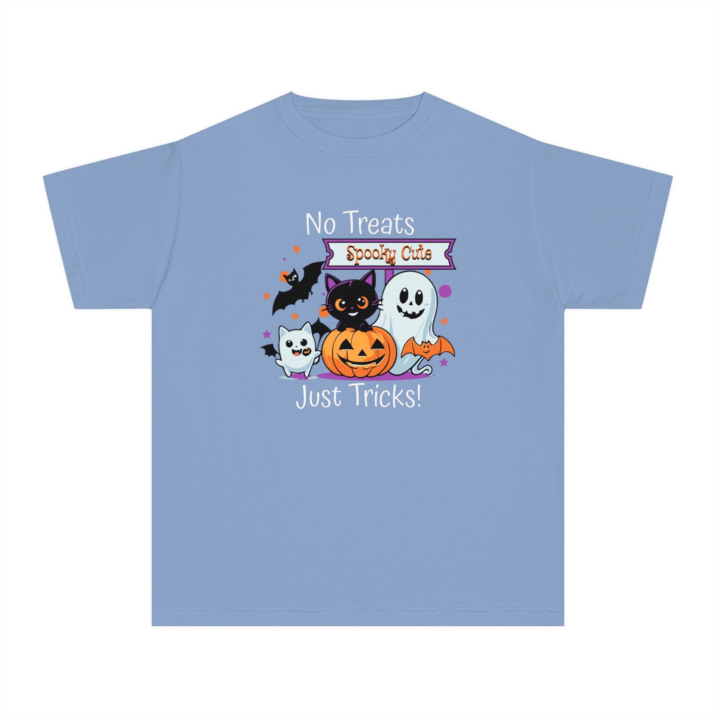 youth t-shirt, youth halloween t-shirt, no treats, just tricks!