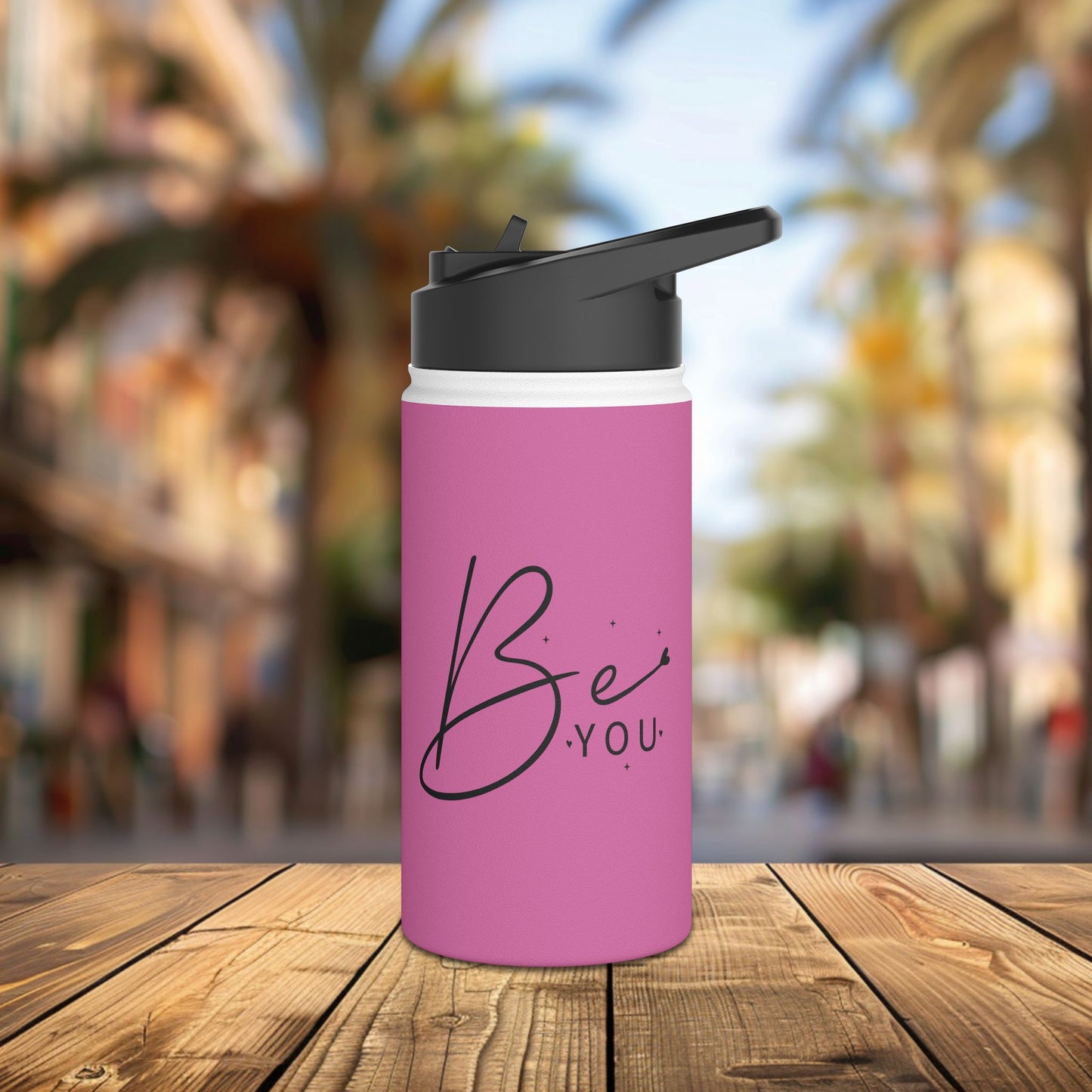 stainless steel water bottle, standard lid - be you - simple and powerful self-love quote
