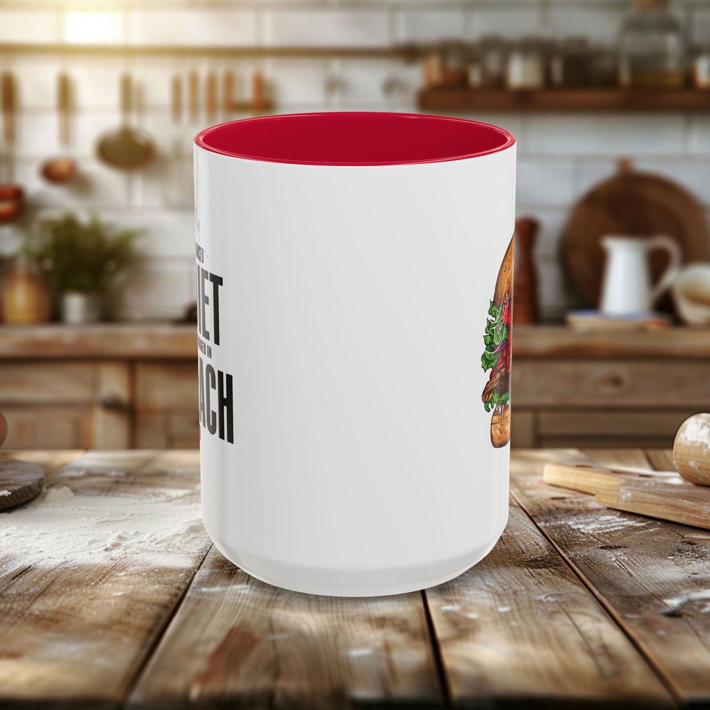 colorful mugs (11oz, 15oz) - a balanced diet is a burger in each hand - funny food quote