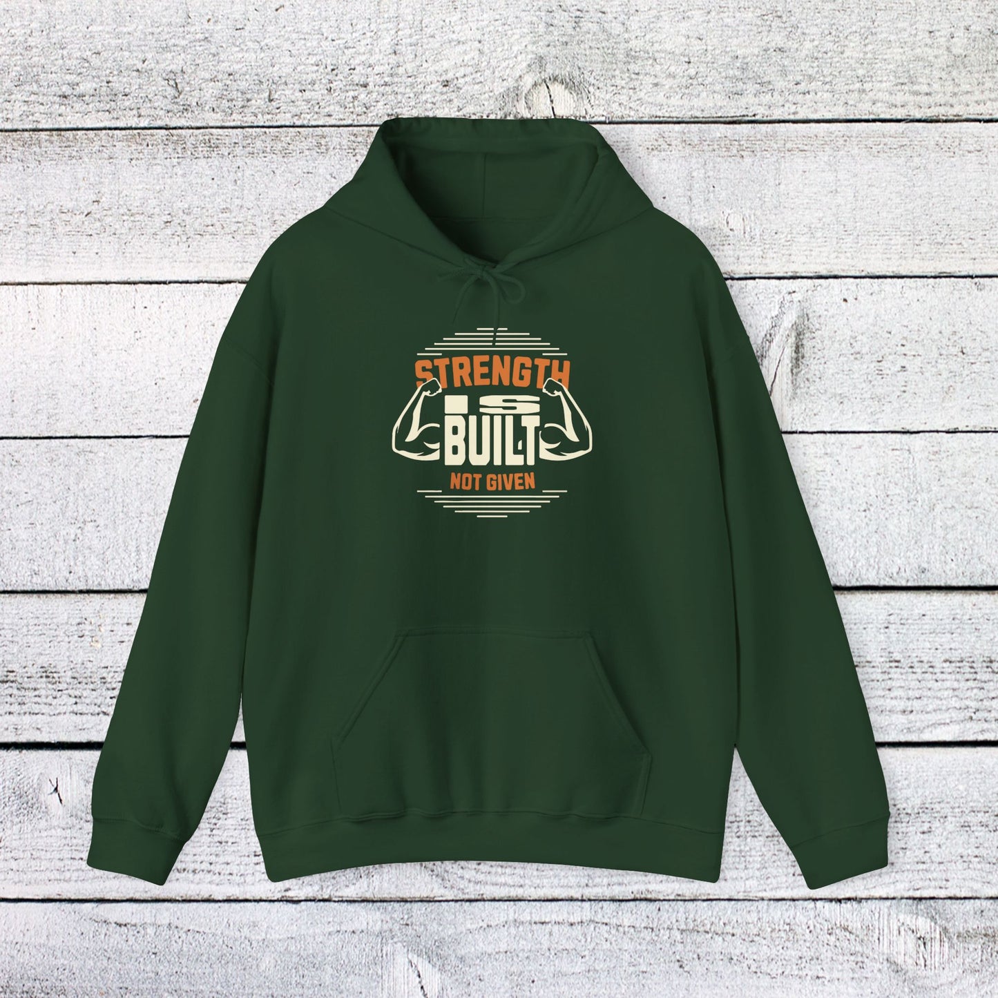 unisex heavy blend™ hooded sweatshirt - strength is built not given - motivational gym quote