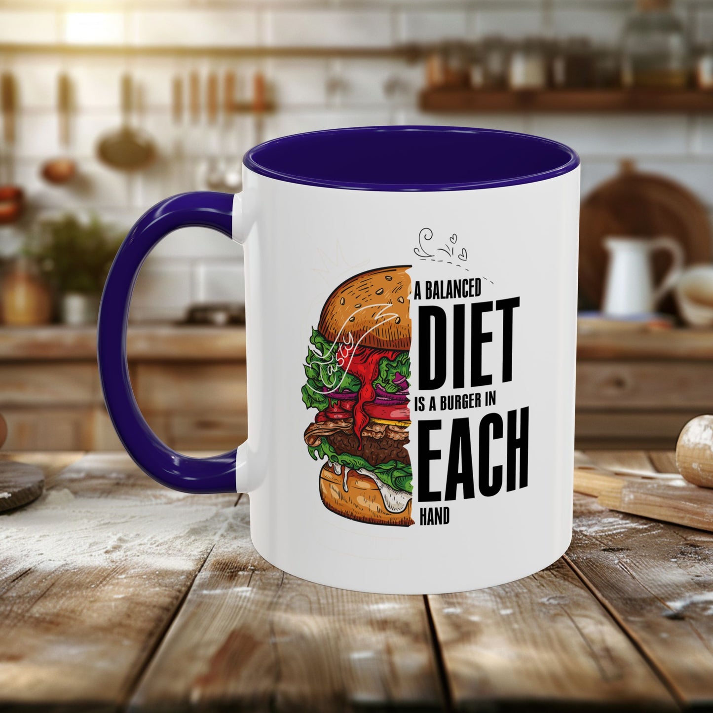 colorful mugs (11oz, 15oz) - a balanced diet is a burger in each hand - funny food quote