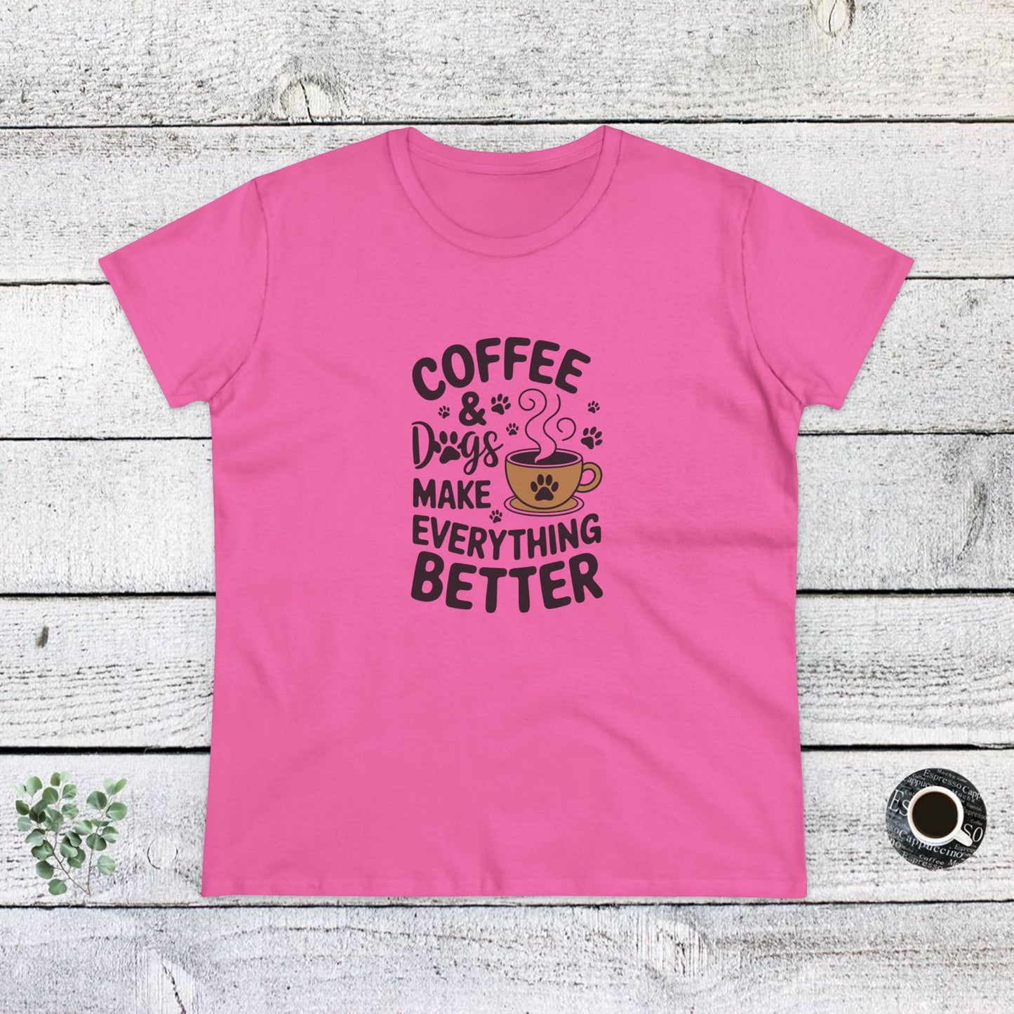 women's midweight cotton tee - coffee and dogs make everything better | funny dog lover gift | cute pet quote design