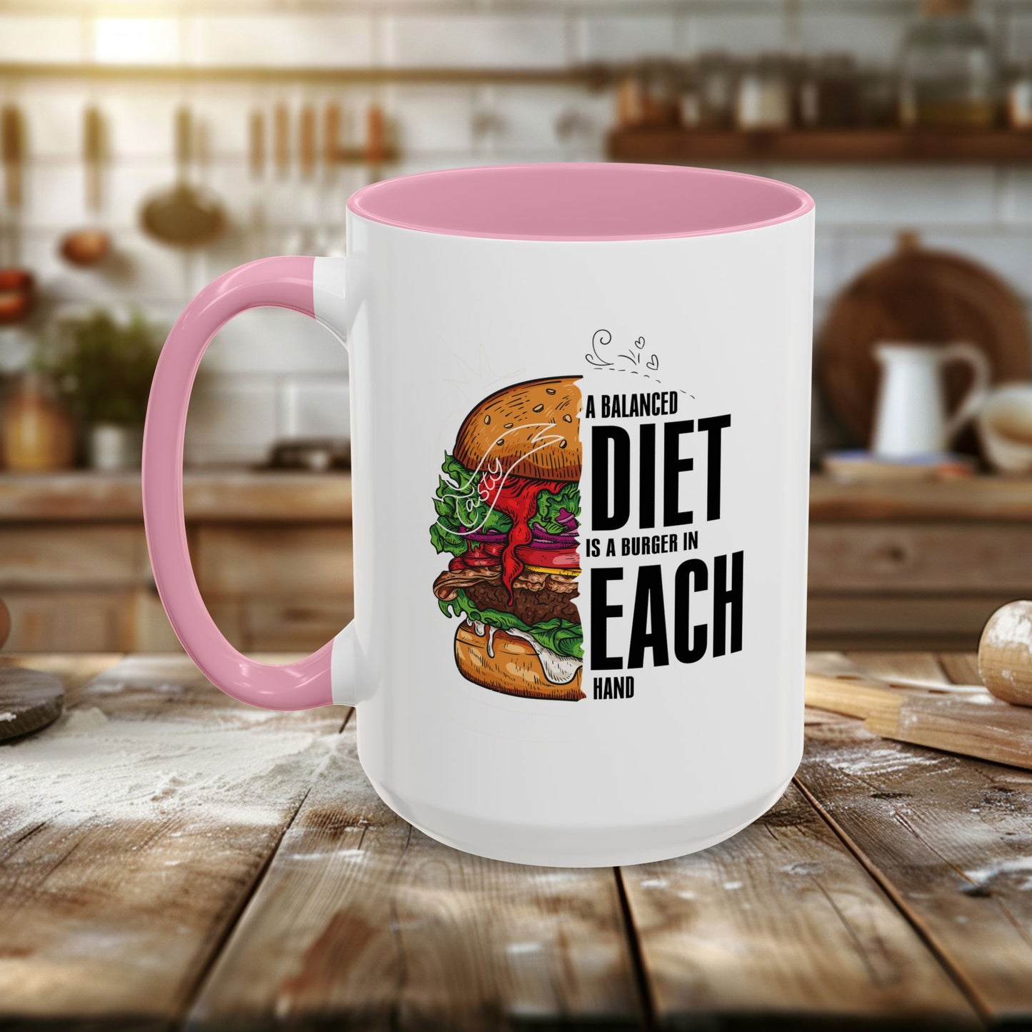 colorful mugs (11oz, 15oz) - a balanced diet is a burger in each hand - funny food quote
