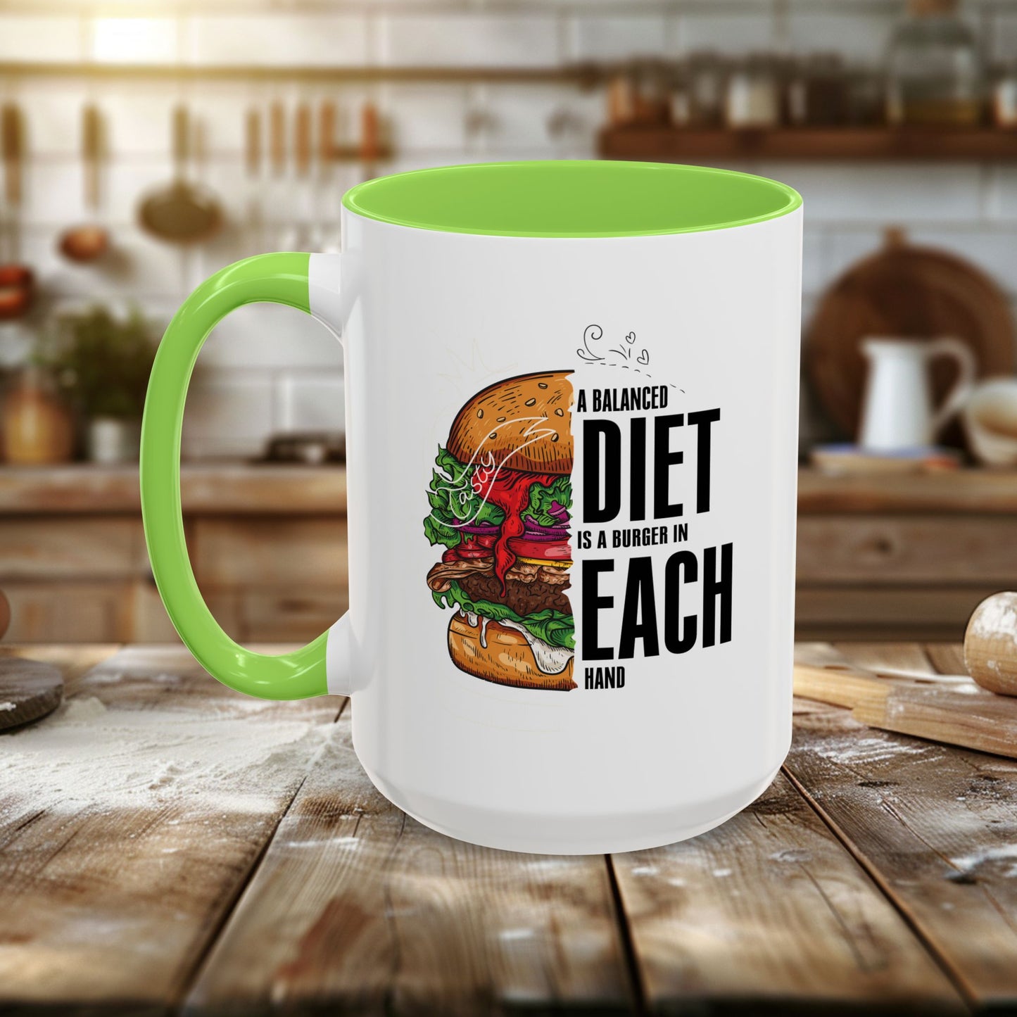 colorful mugs (11oz, 15oz) - a balanced diet is a burger in each hand - funny food quote