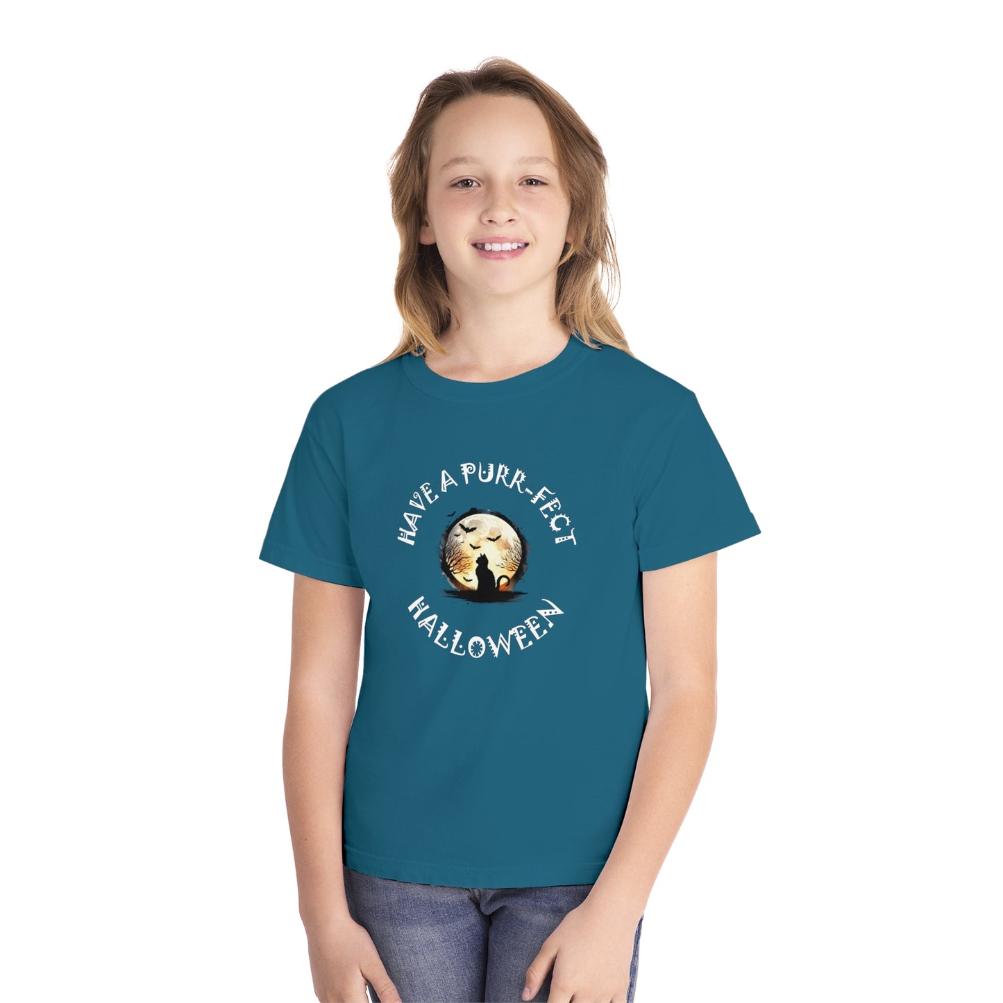 youth t-shirt, girls tee, cat lovers halloween - have a purr_fect halloween