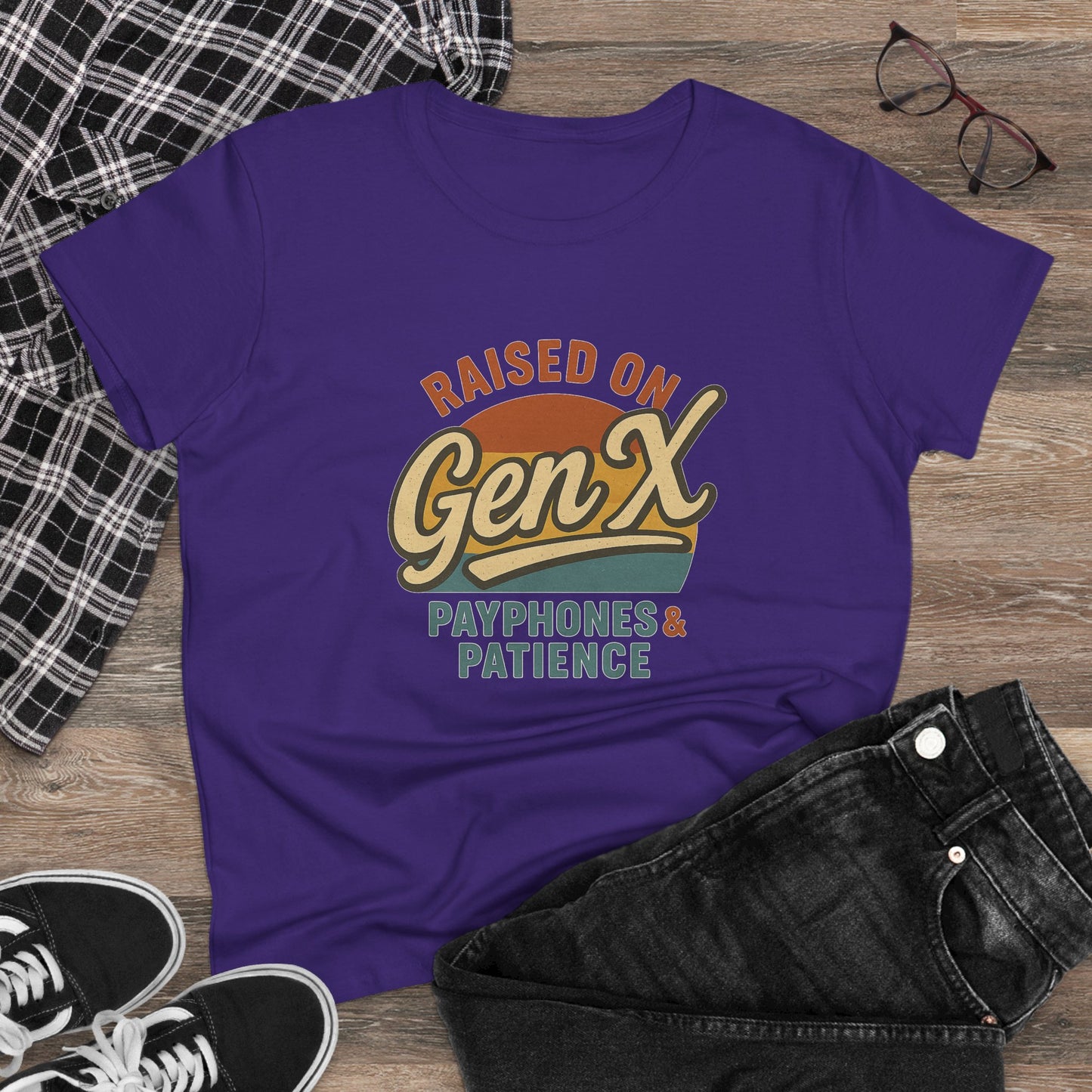 women's cotton tee - raised on gen x with payphones & patience