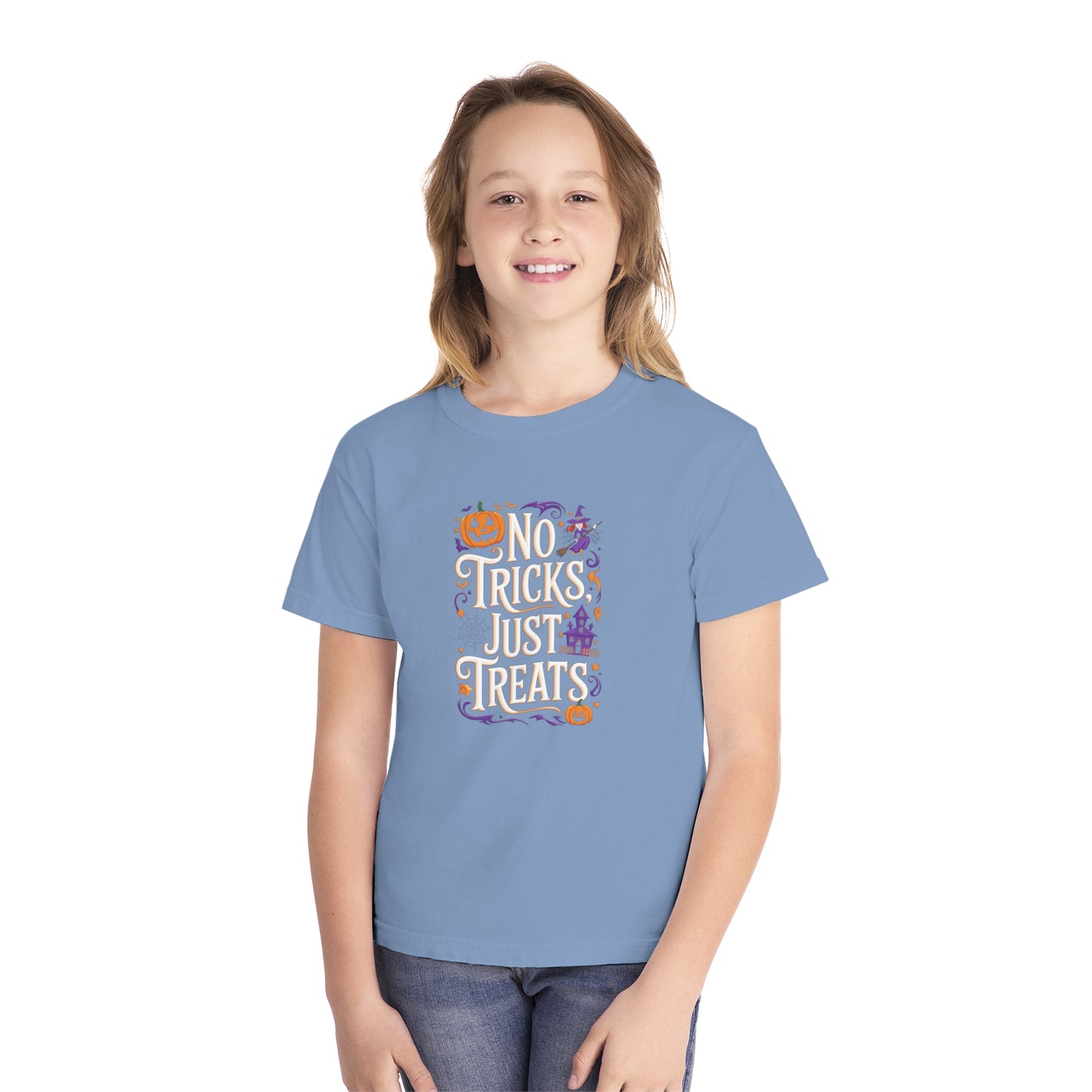youth t-shirt, youth halloween t-shirt, no tricks just treats!