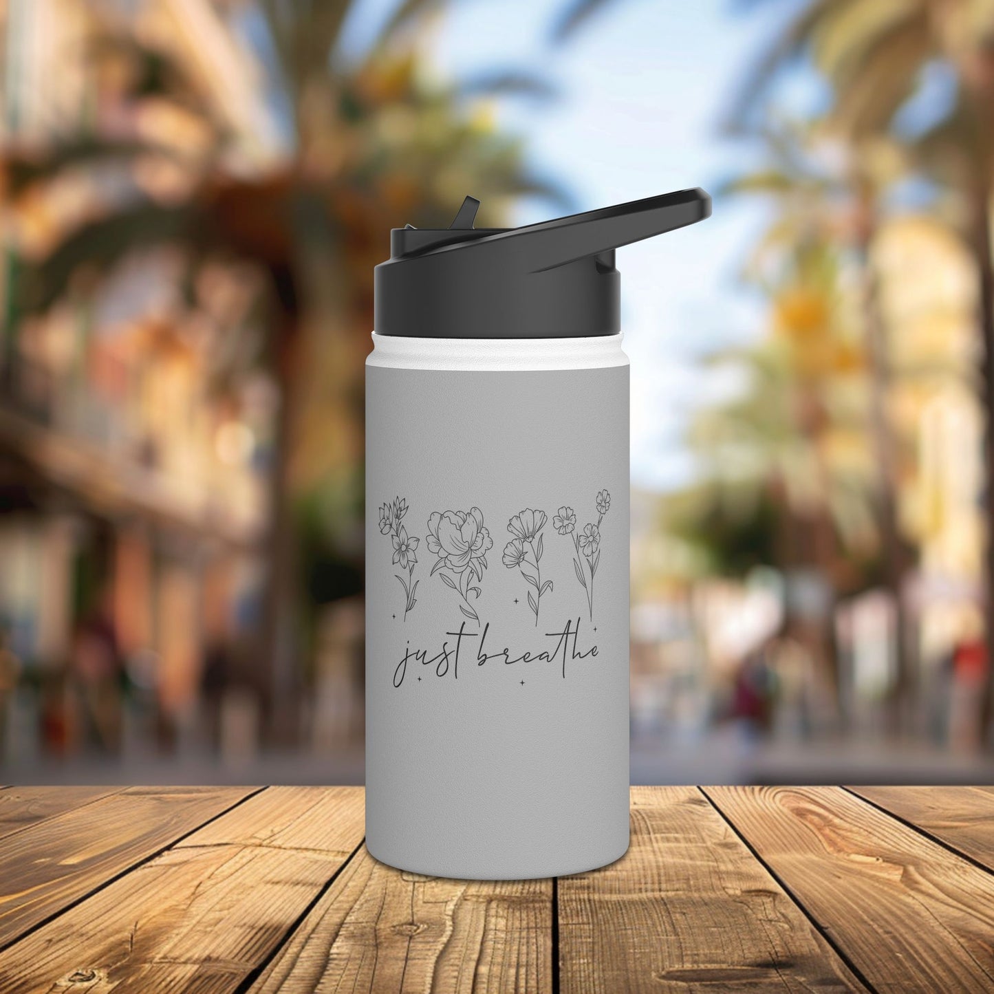 stainless steel water bottle, standard lid - just breathe - calm and mindful quote