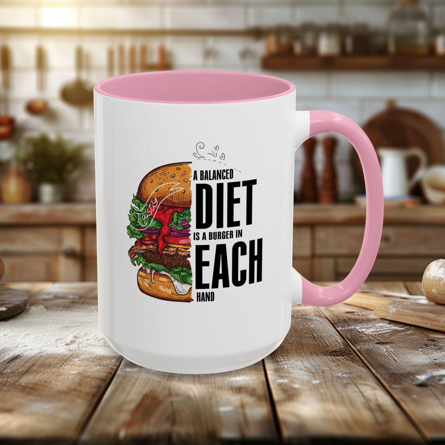 colorful mugs (11oz, 15oz) - a balanced diet is a burger in each hand - funny food quote