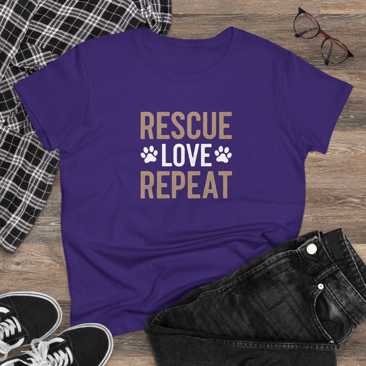 women's midweight cotton tee - rescue love repeat | funny dog lover gift | cute pet quote design
