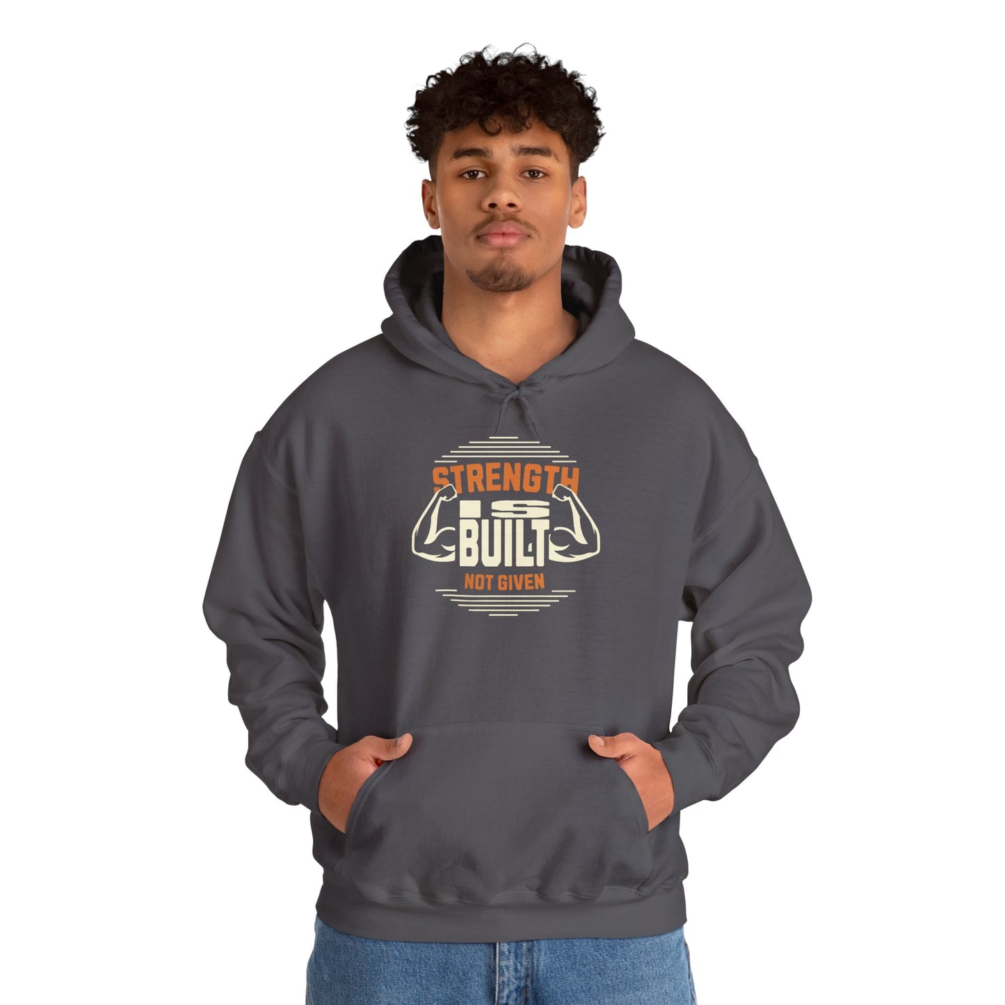 unisex heavy blend™ hooded sweatshirt - strength is built not given - motivational gym quote