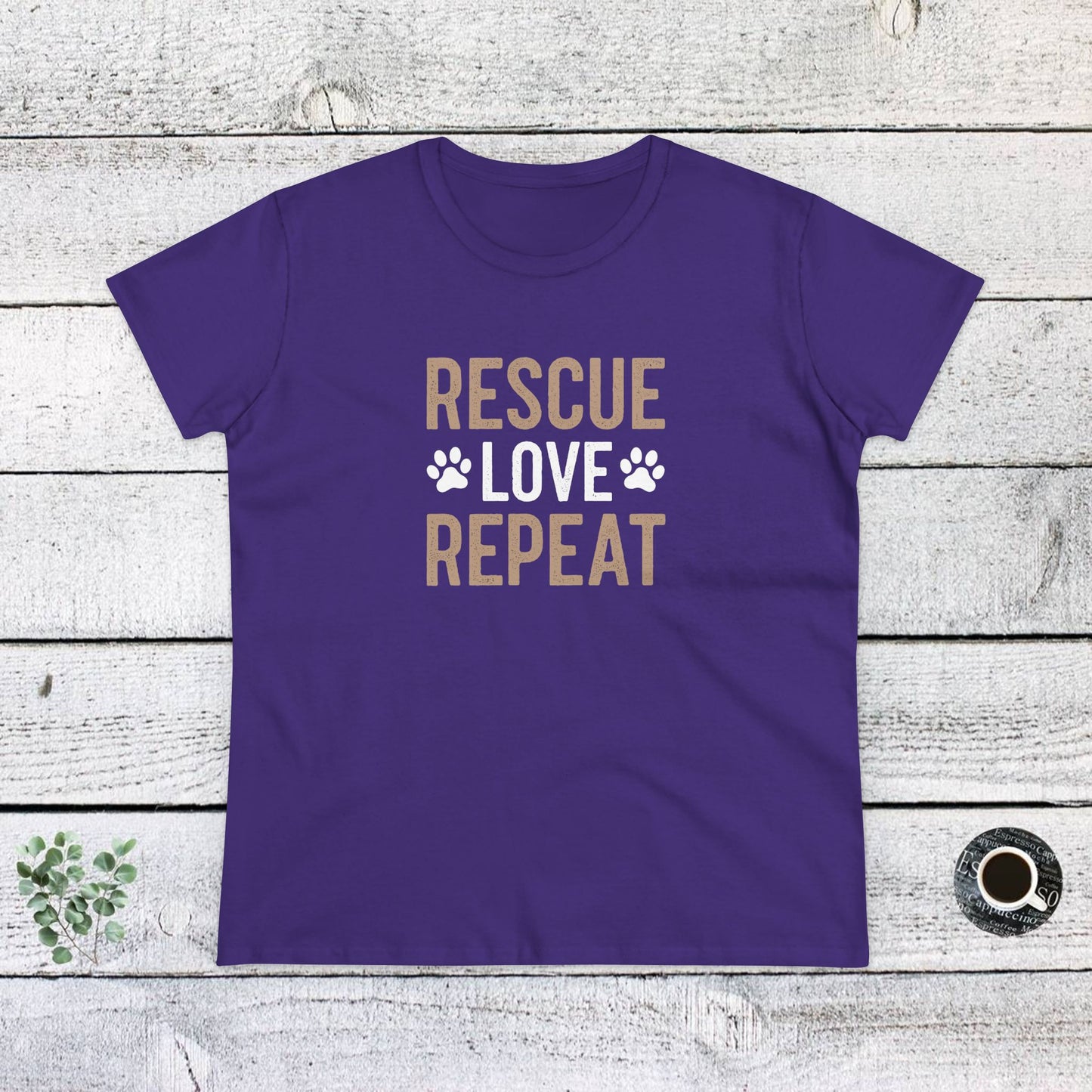 women's midweight cotton tee - rescue love repeat | funny dog lover gift | cute pet quote design