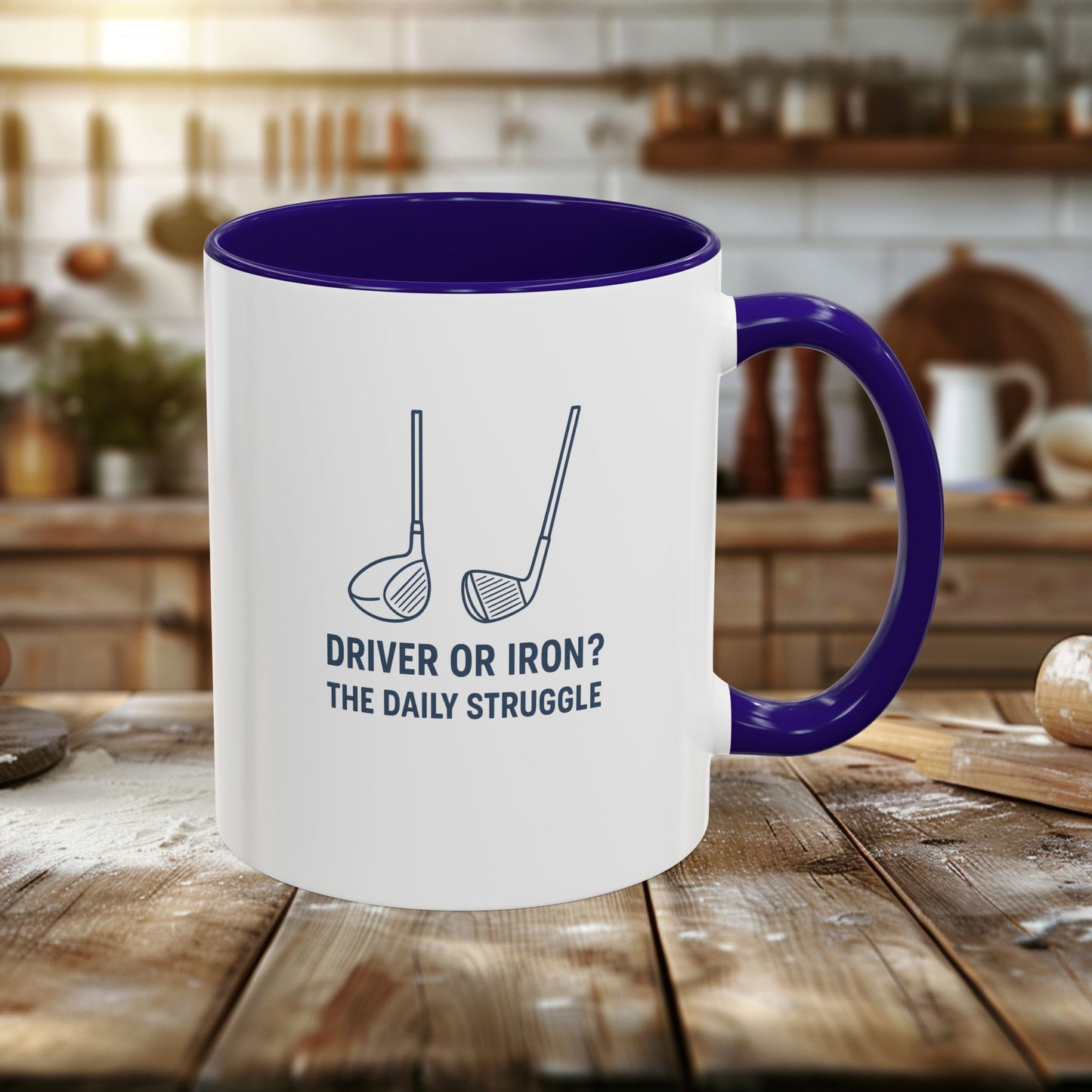 colorful golf mug - driver or iron? the daily struggle