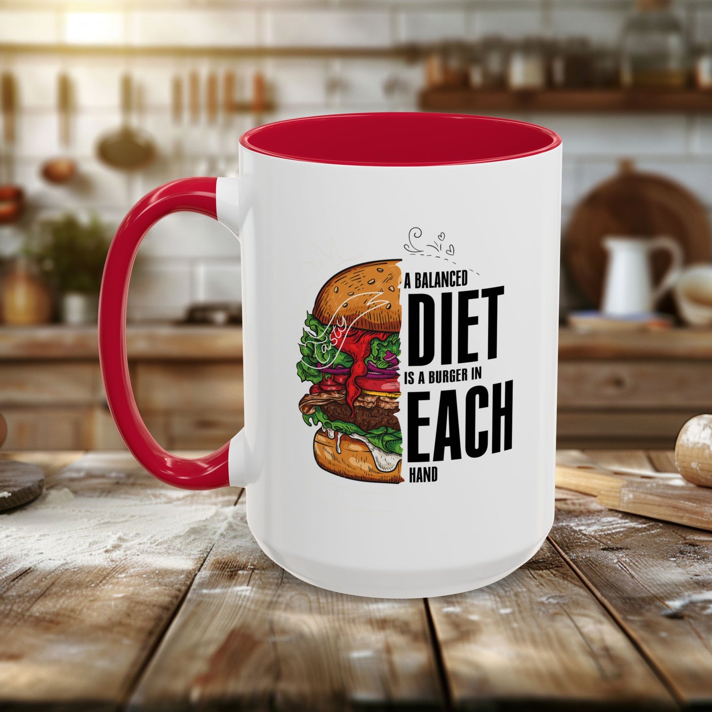colorful mugs (11oz, 15oz) - a balanced diet is a burger in each hand - funny food quote