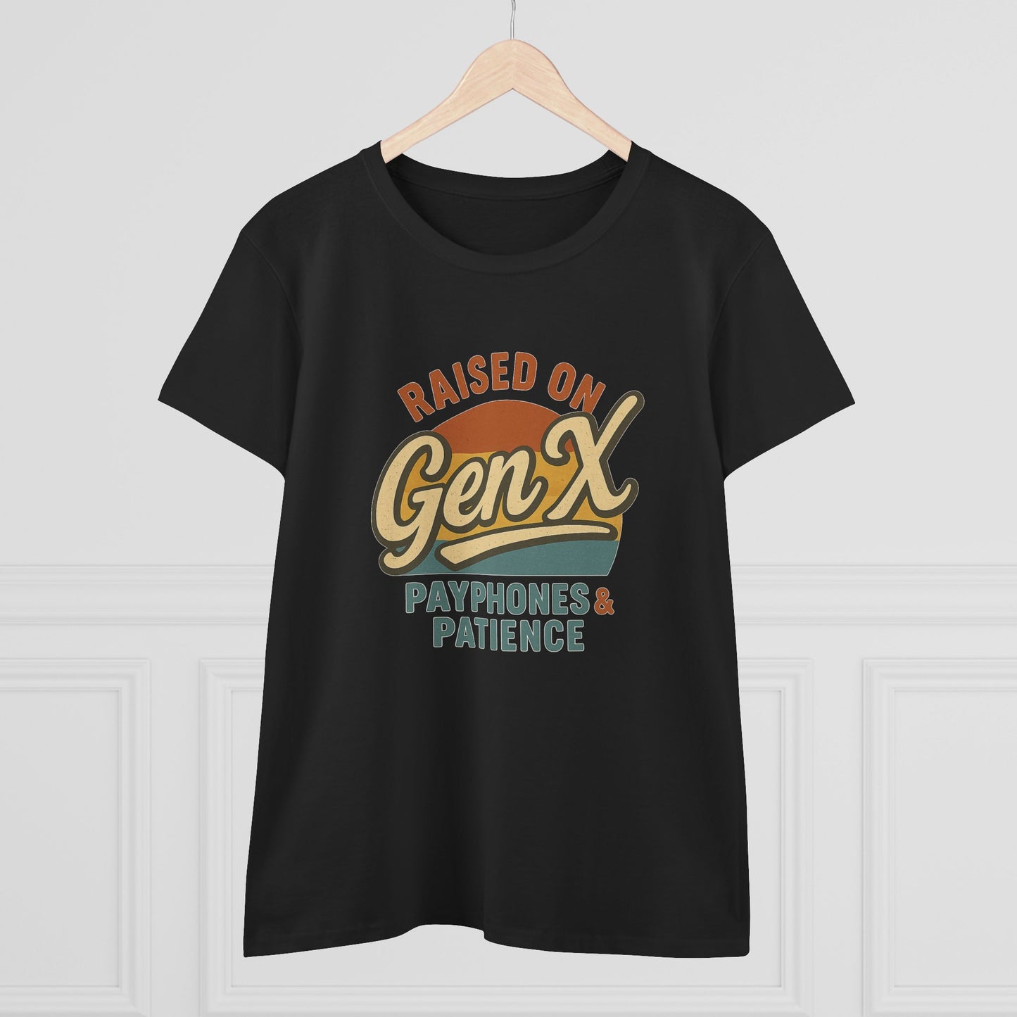 women's cotton tee - raised on gen x with payphones & patience