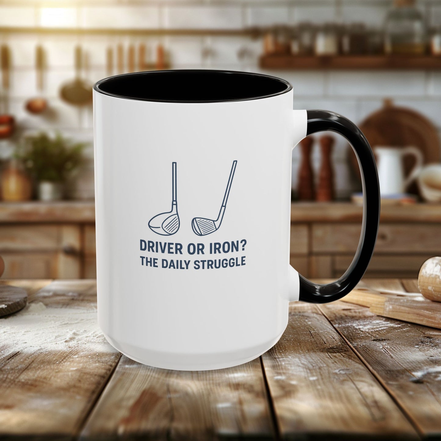 colorful golf mug - driver or iron? the daily struggle