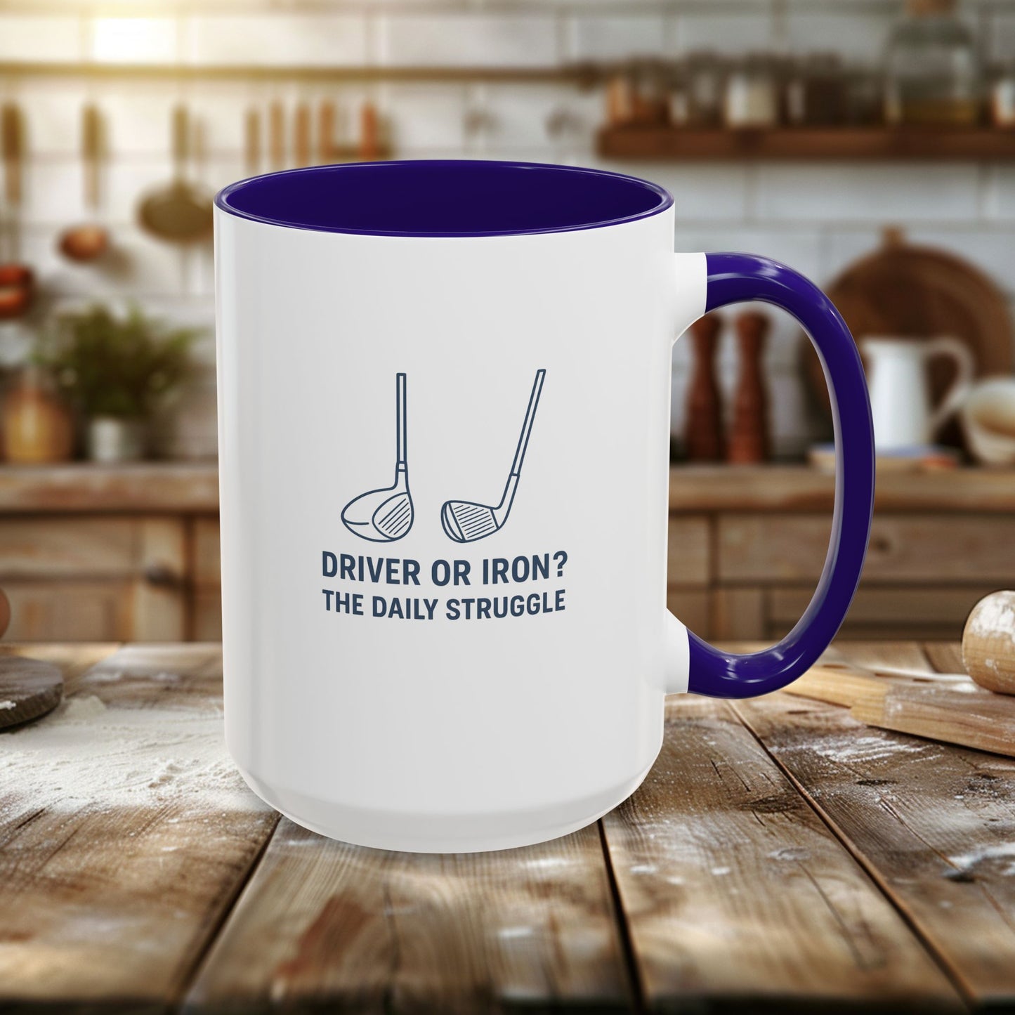 colorful golf mug - driver or iron? the daily struggle