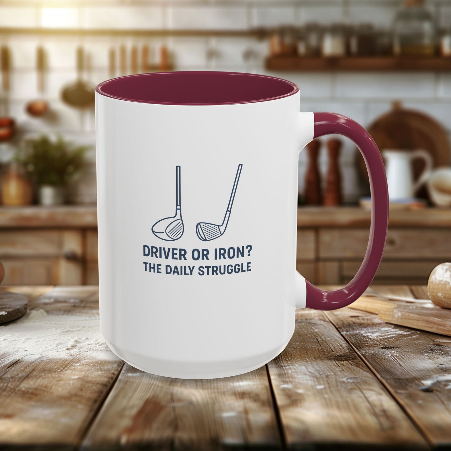 colorful golf mug - driver or iron? the daily struggle