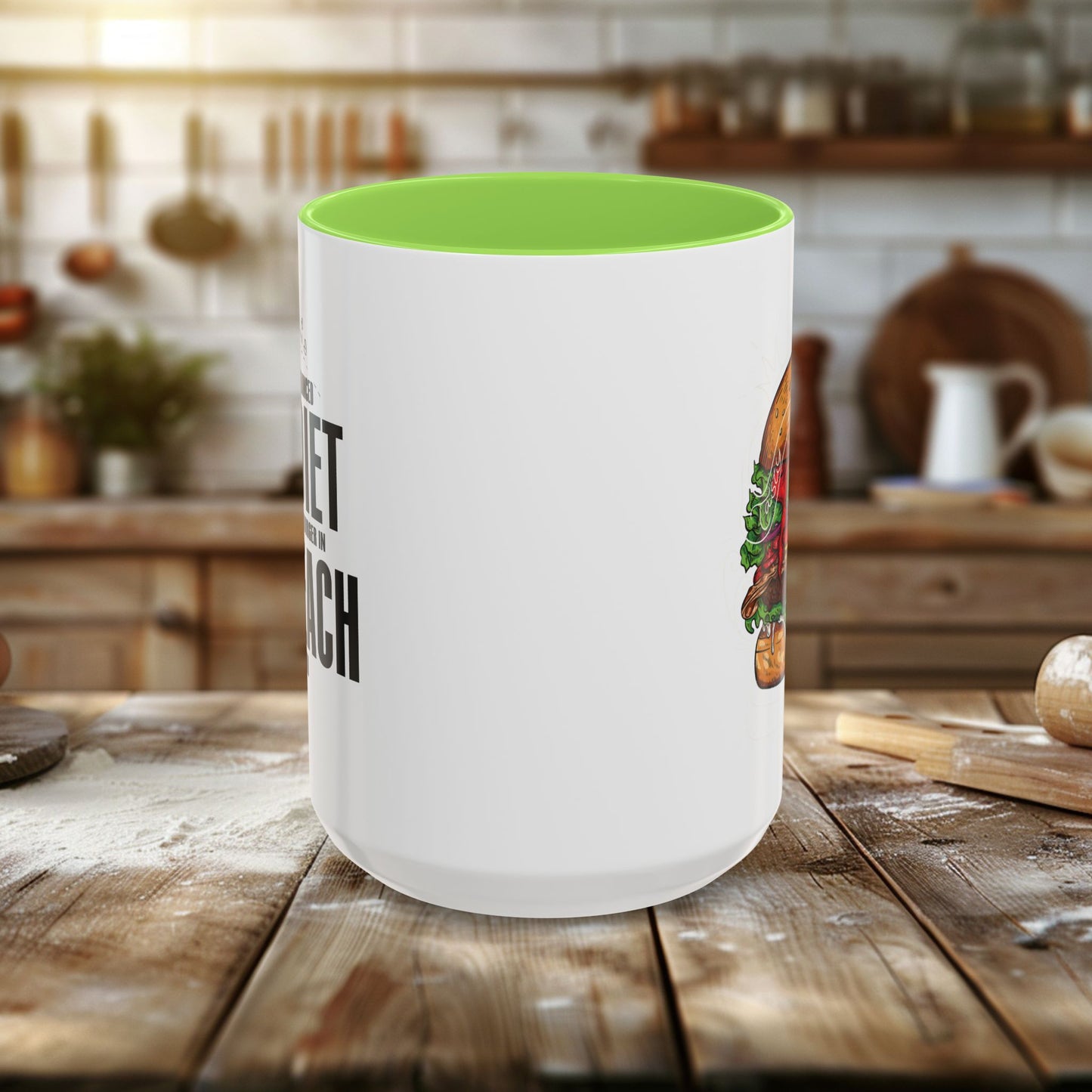 colorful mugs (11oz, 15oz) - a balanced diet is a burger in each hand - funny food quote