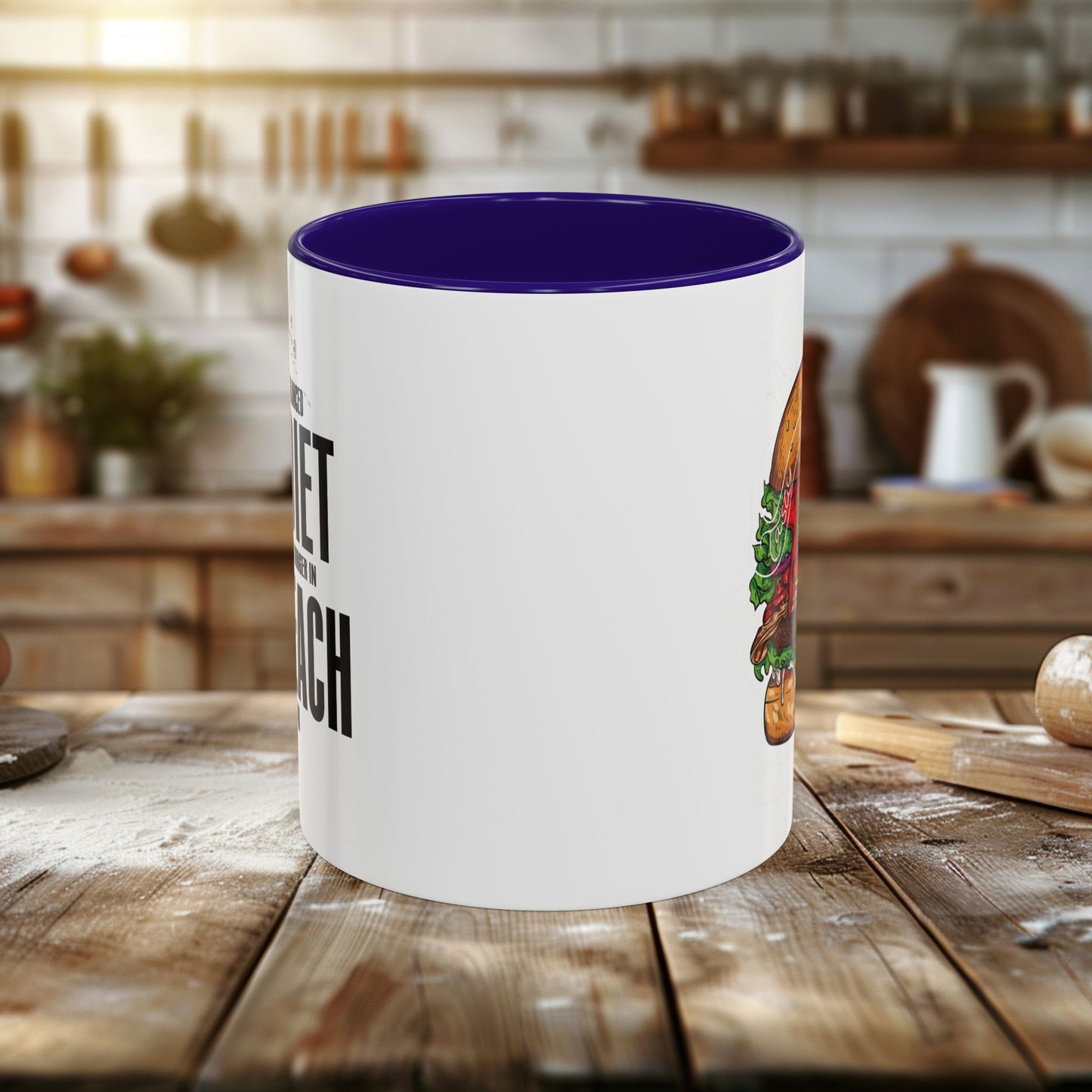 colorful mugs (11oz, 15oz) - a balanced diet is a burger in each hand - funny food quote