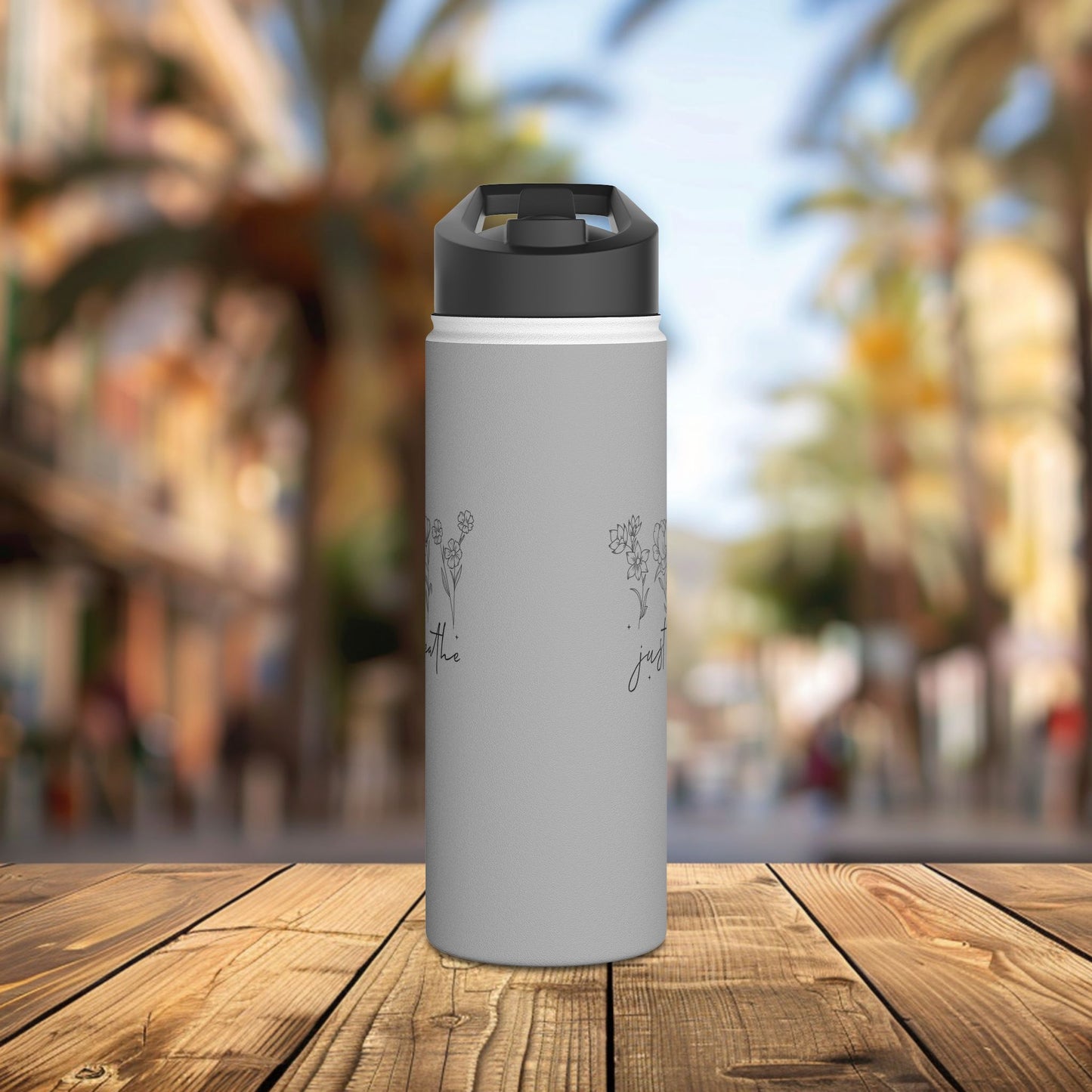stainless steel water bottle, standard lid - just breathe - calm and mindful quote