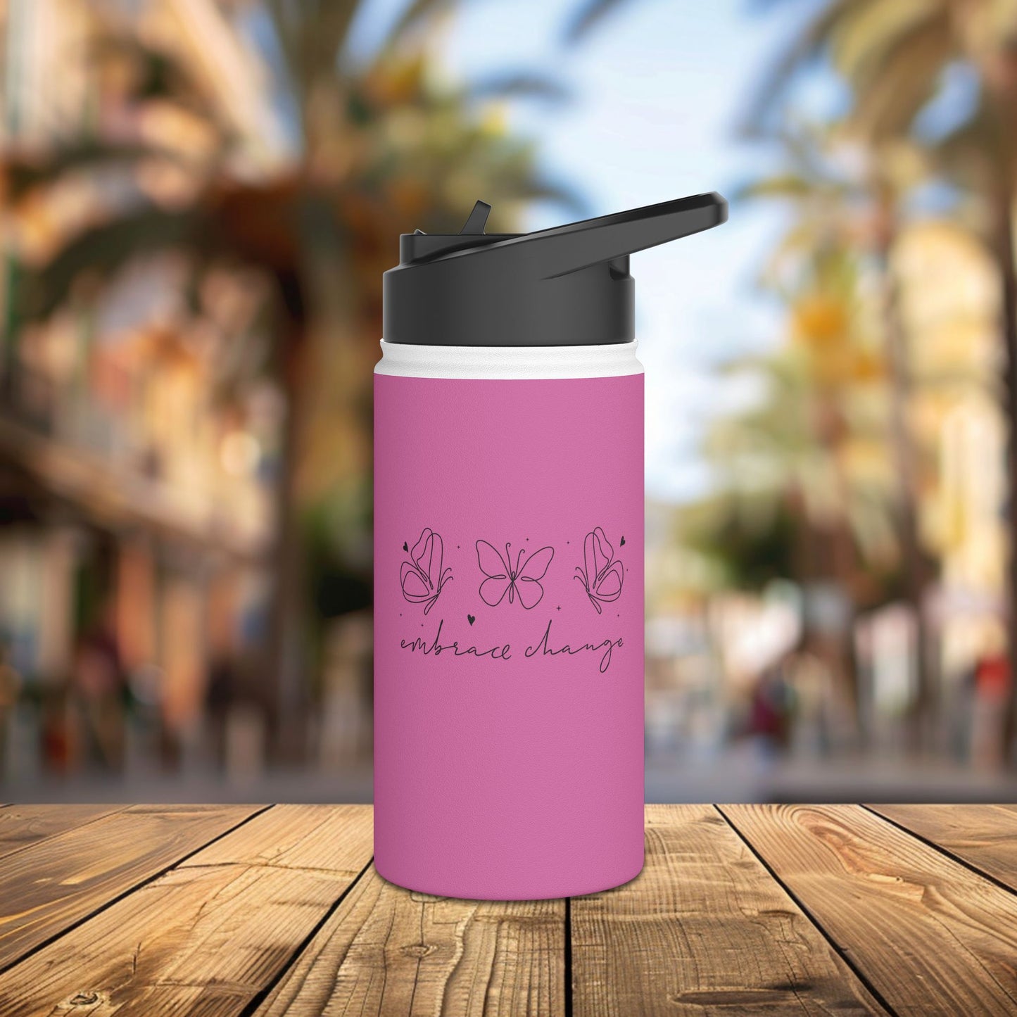 stainless steel water bottle, standard lid - embrace change - growth mindset quote