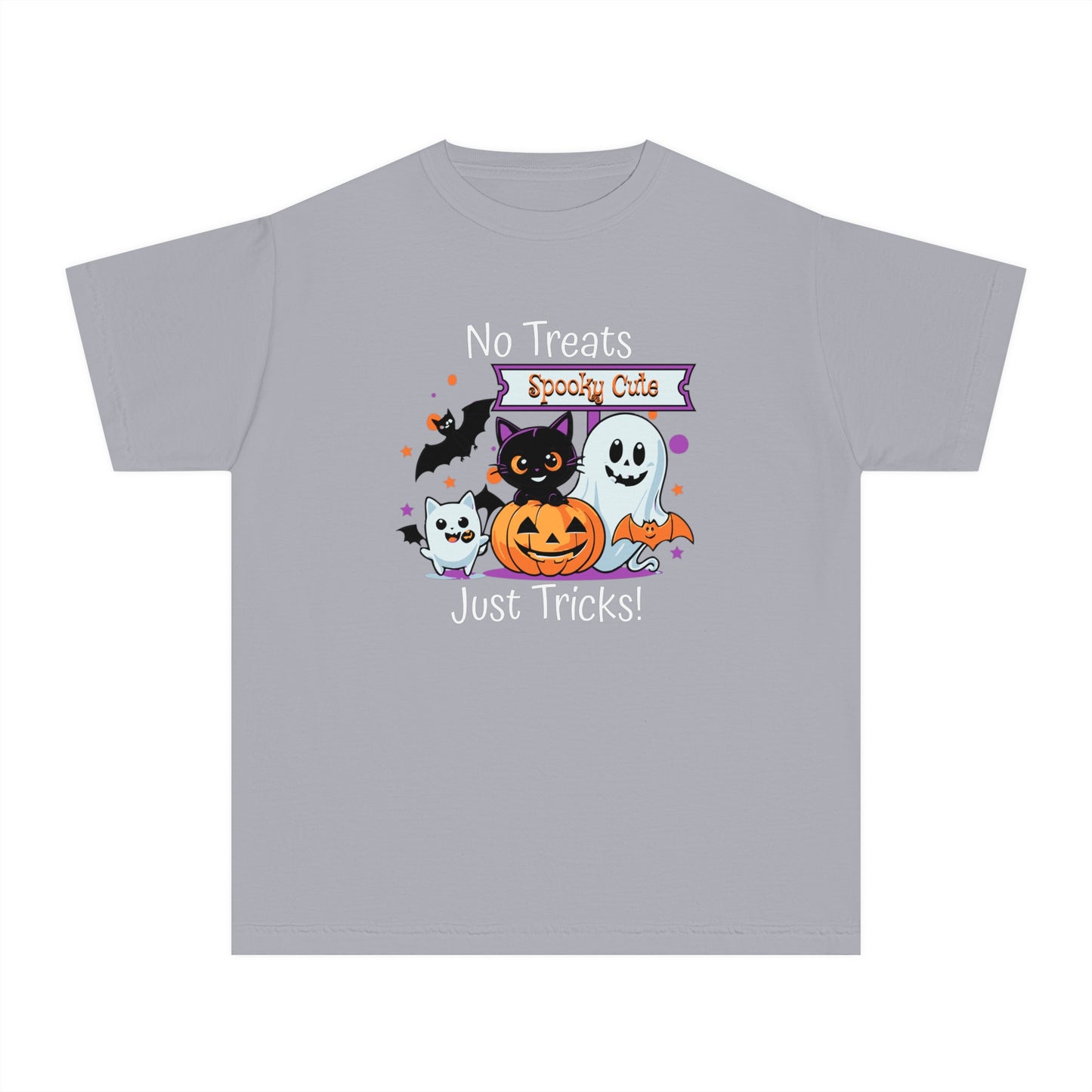 youth t-shirt, youth halloween t-shirt, no treats, just tricks!