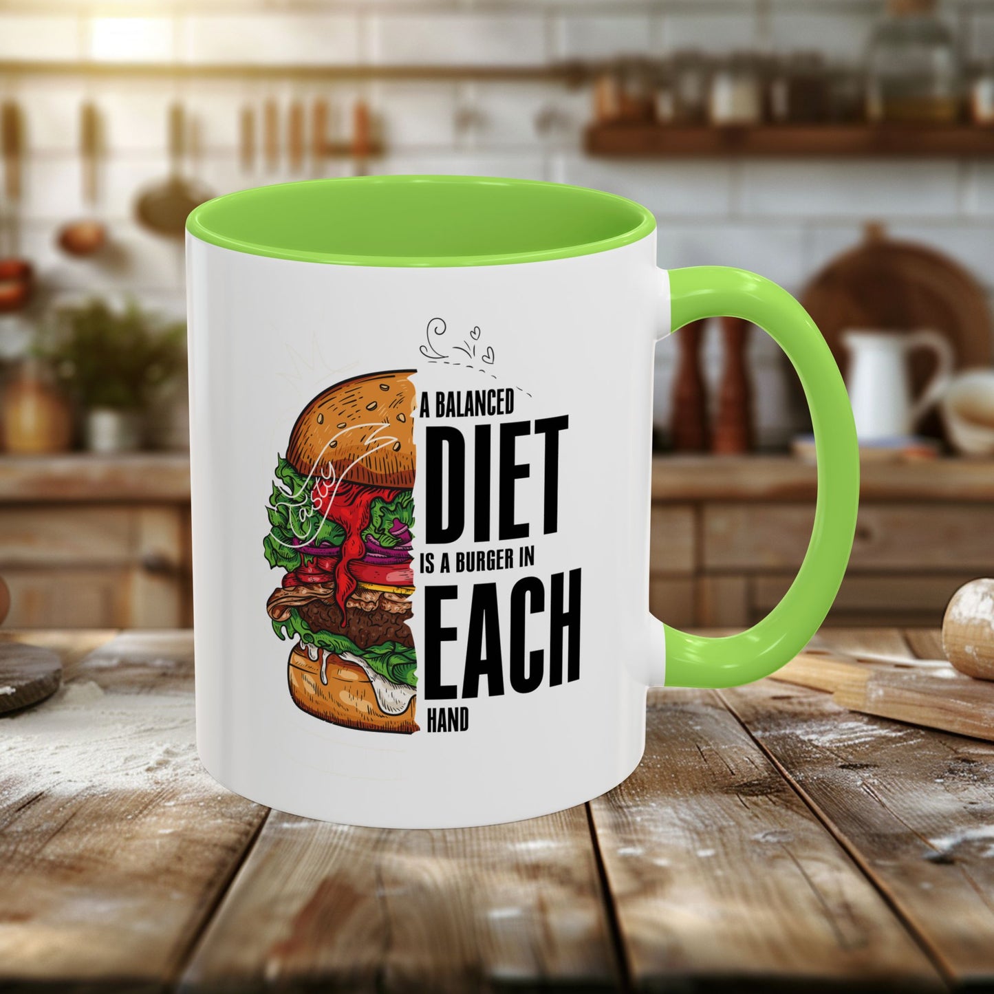 colorful mugs (11oz, 15oz) - a balanced diet is a burger in each hand - funny food quote