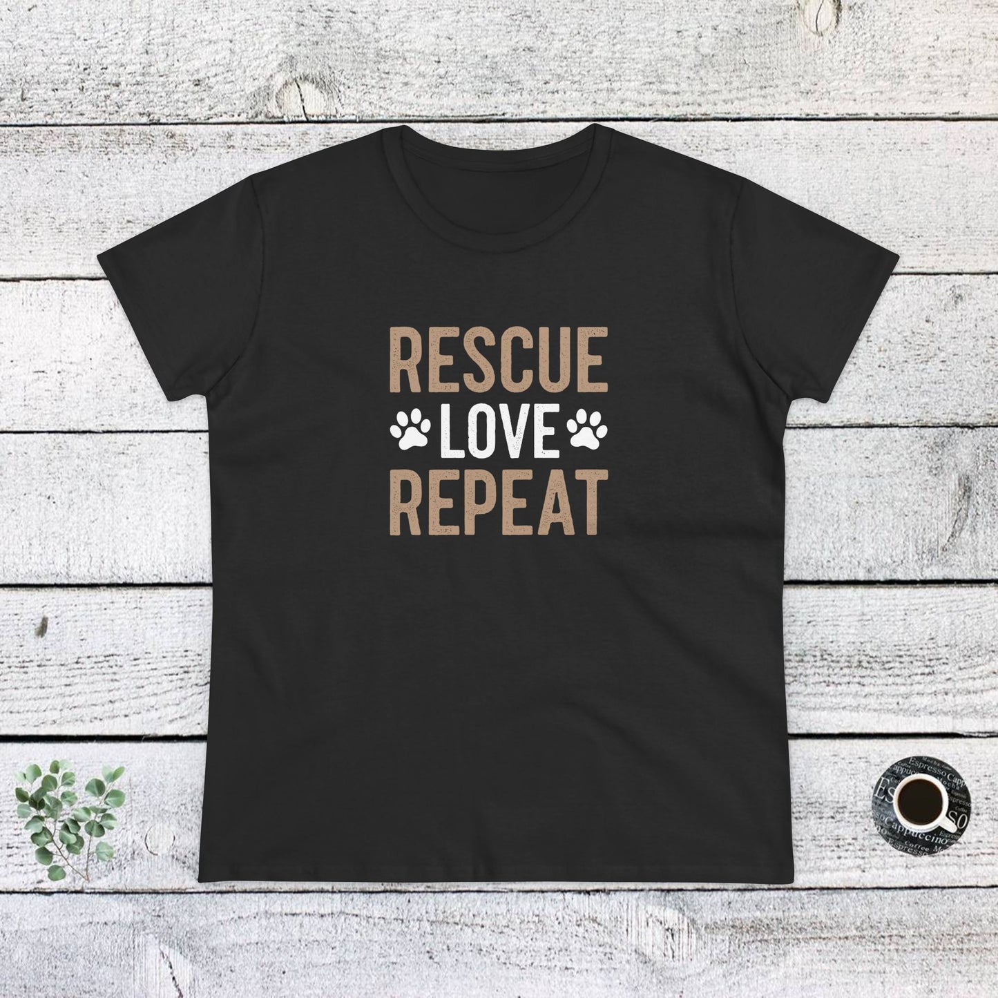 women's midweight cotton tee - rescue love repeat | funny dog lover gift | cute pet quote design
