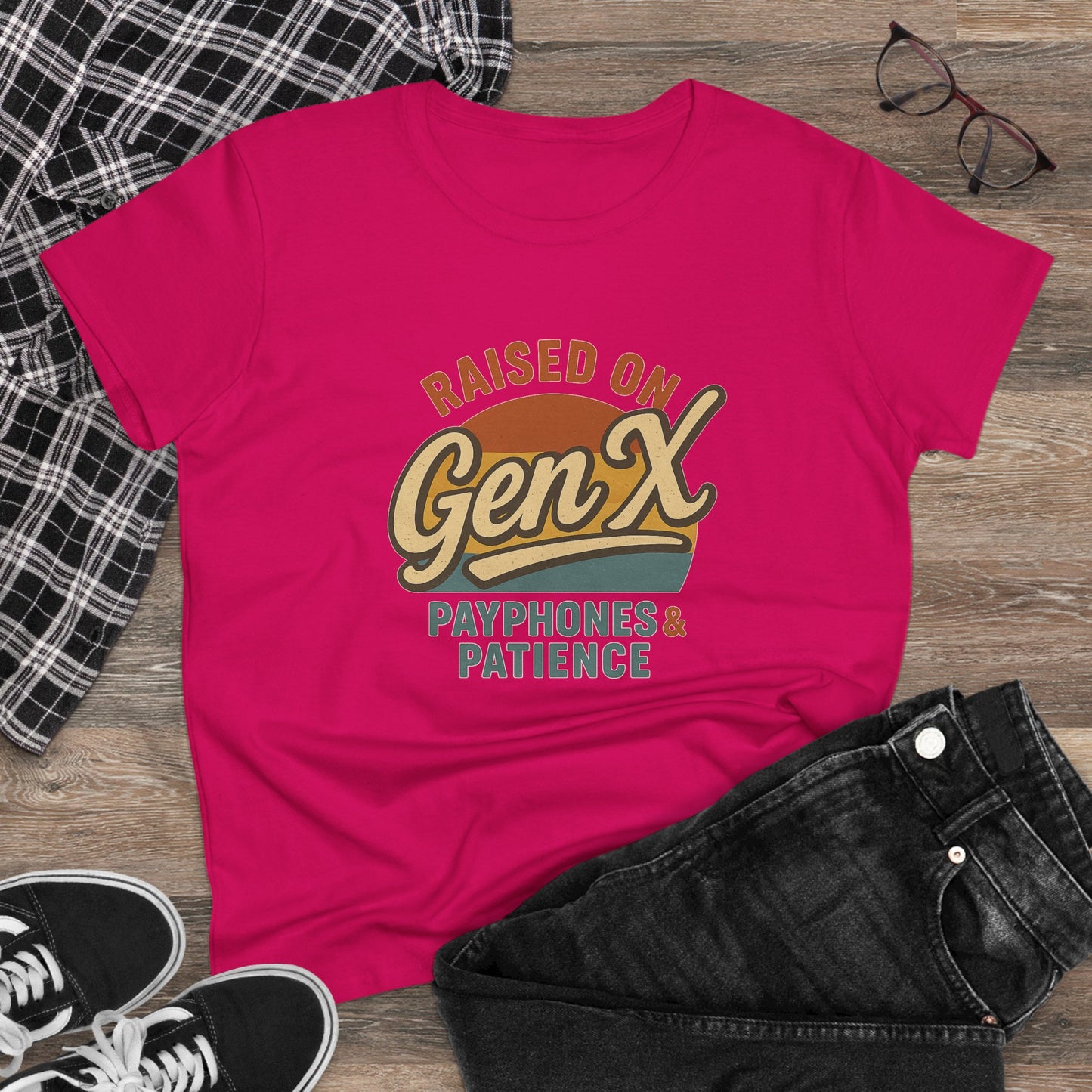 women's cotton tee - raised on gen x with payphones & patience