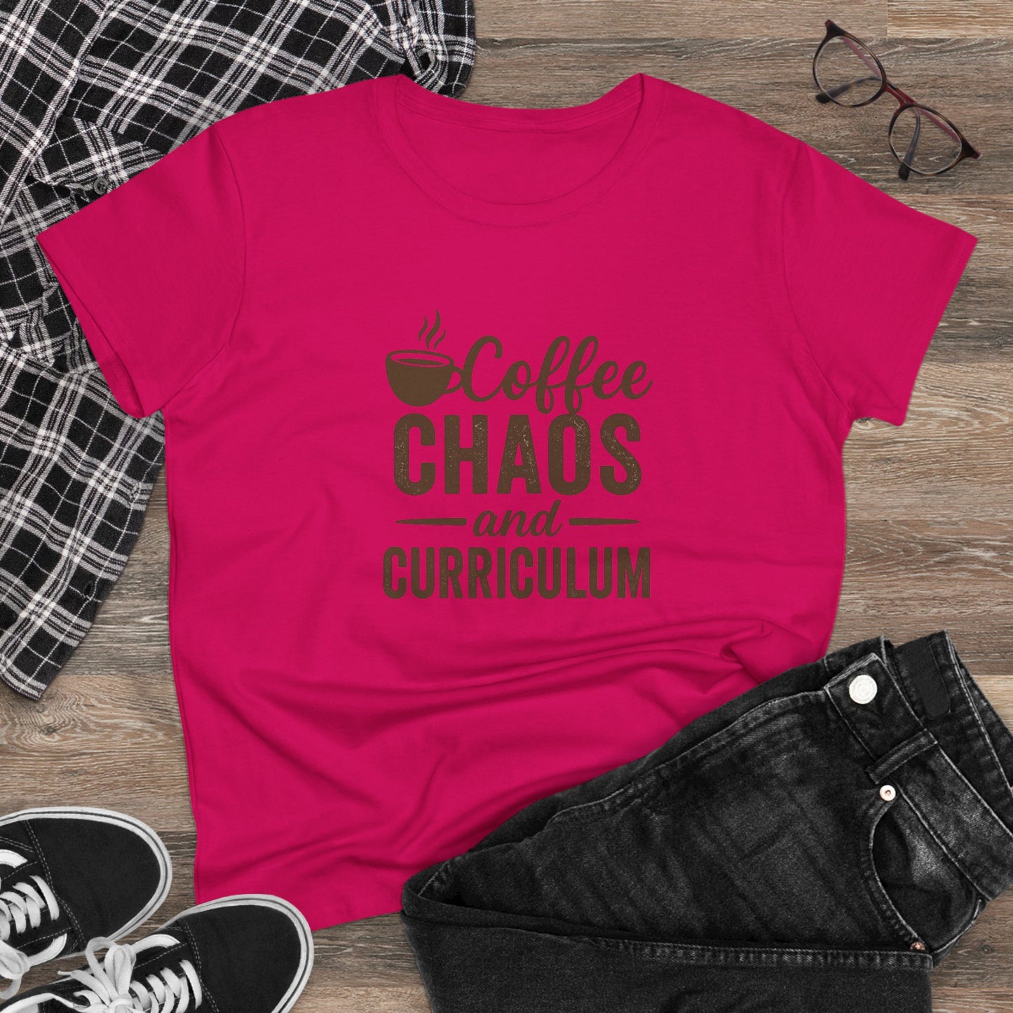 women's cotton tee - teachers with attitude. coffee chaos and curriculum design