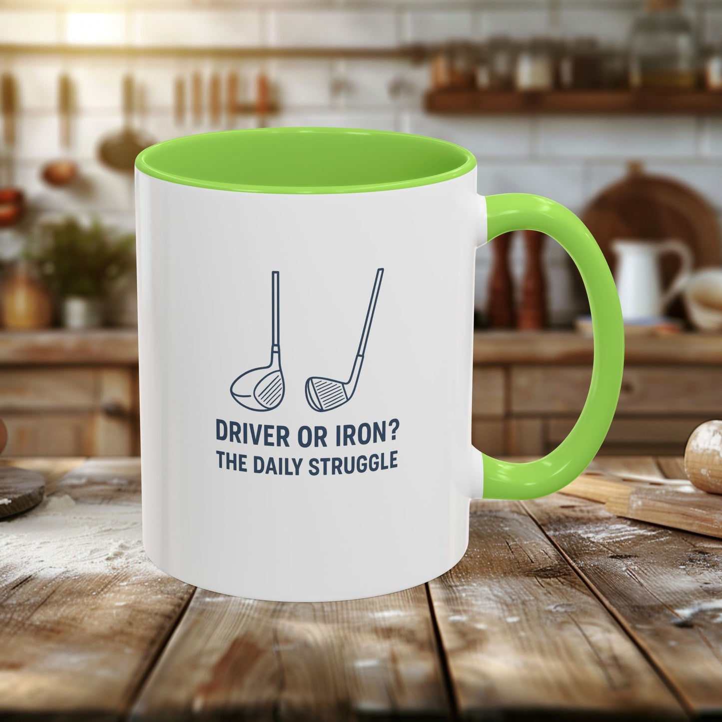 colorful golf mug - driver or iron? the daily struggle