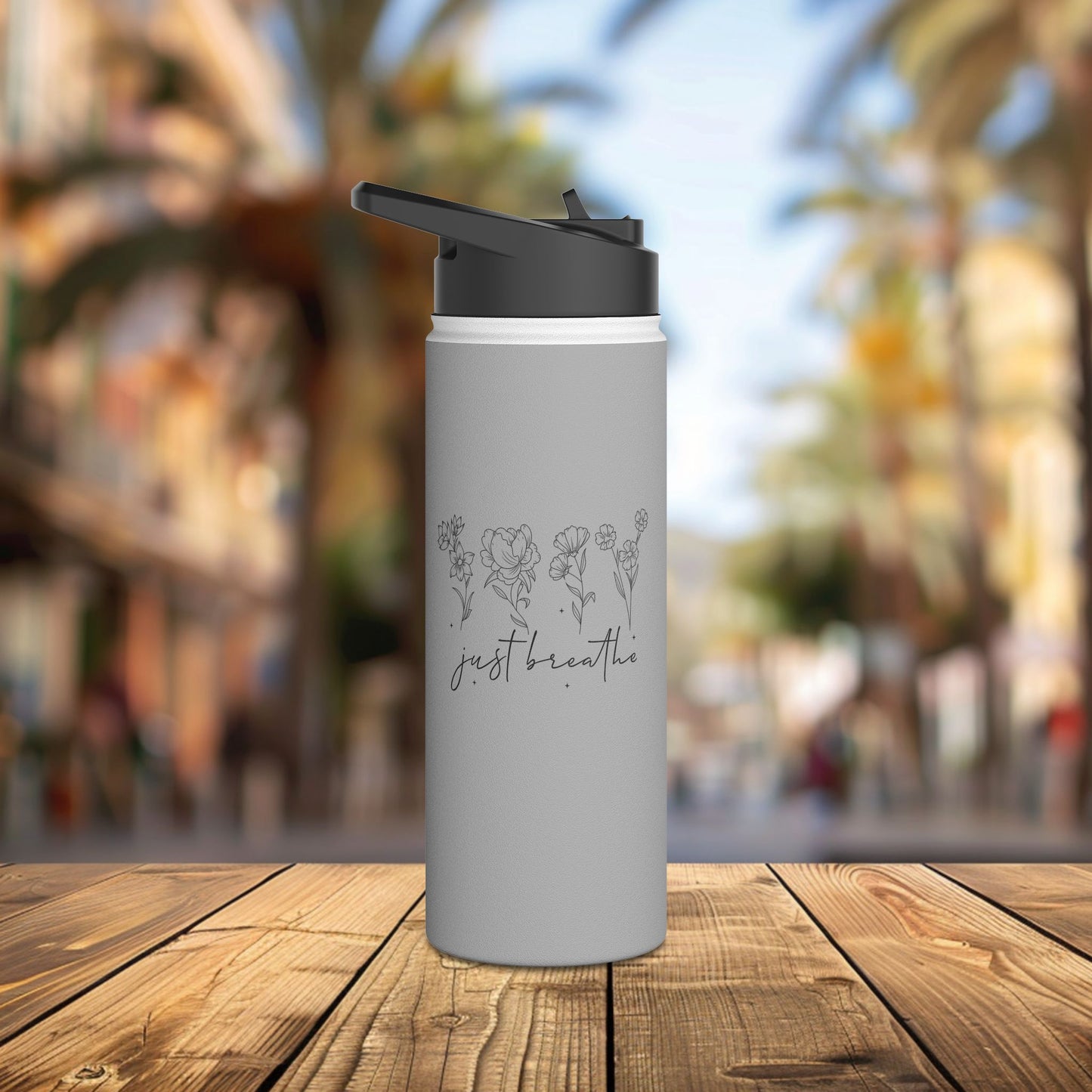 stainless steel water bottle, standard lid - just breathe - calm and mindful quote