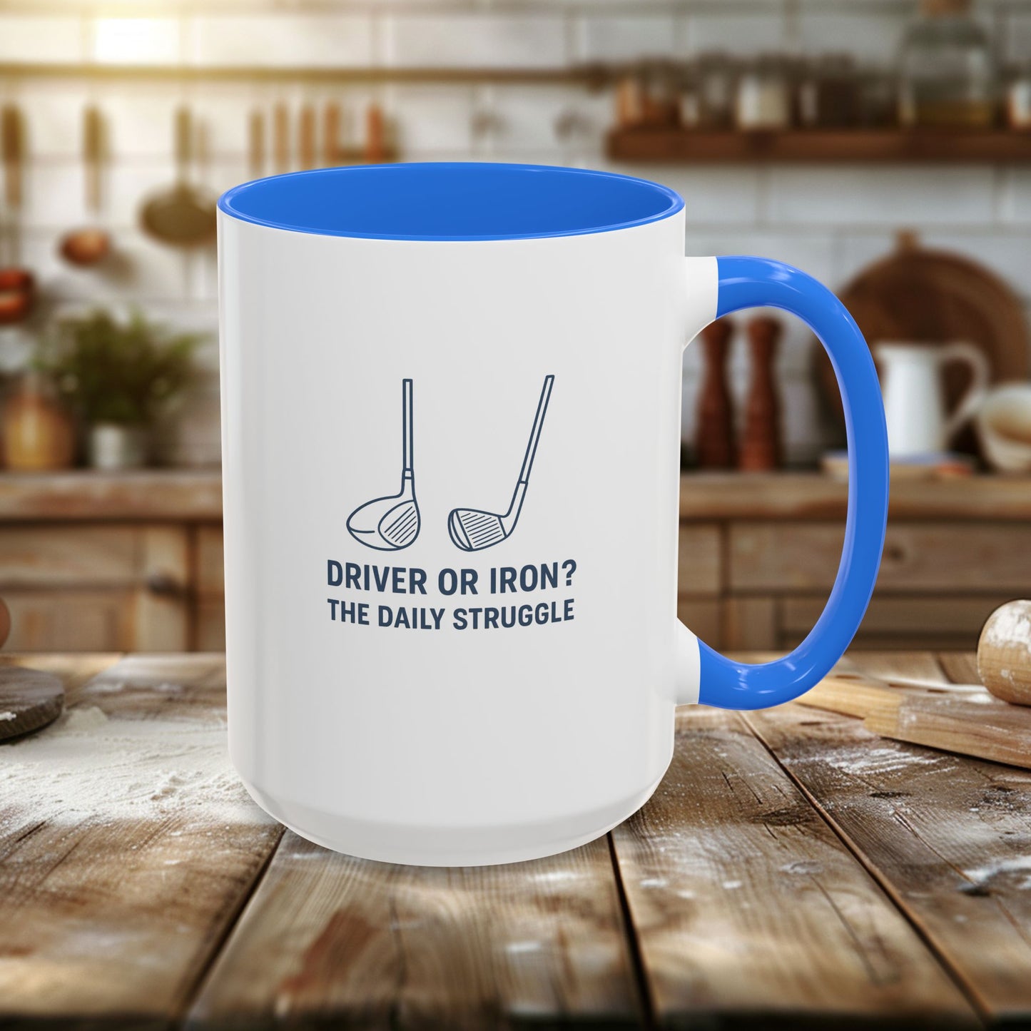 colorful golf mug - driver or iron? the daily struggle