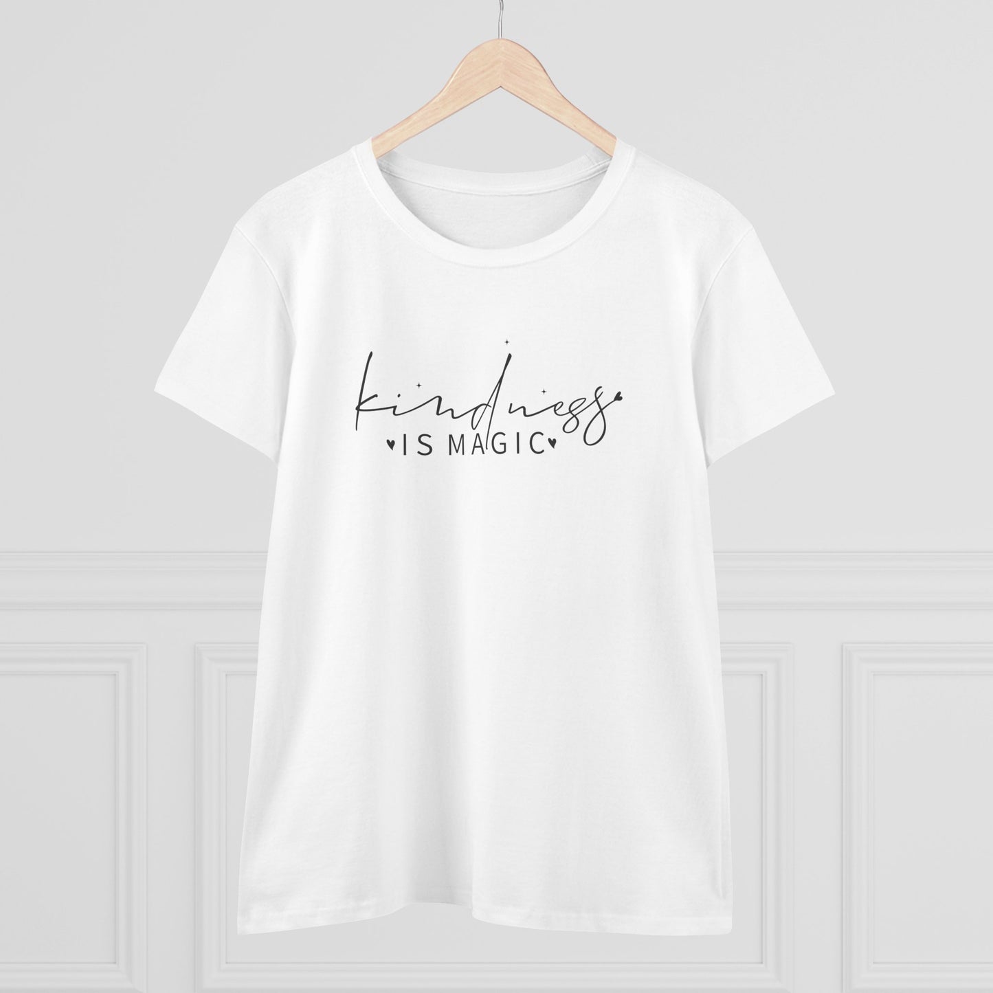 women's midweight cotton tee - kindness is magic - whimsical positive quote
