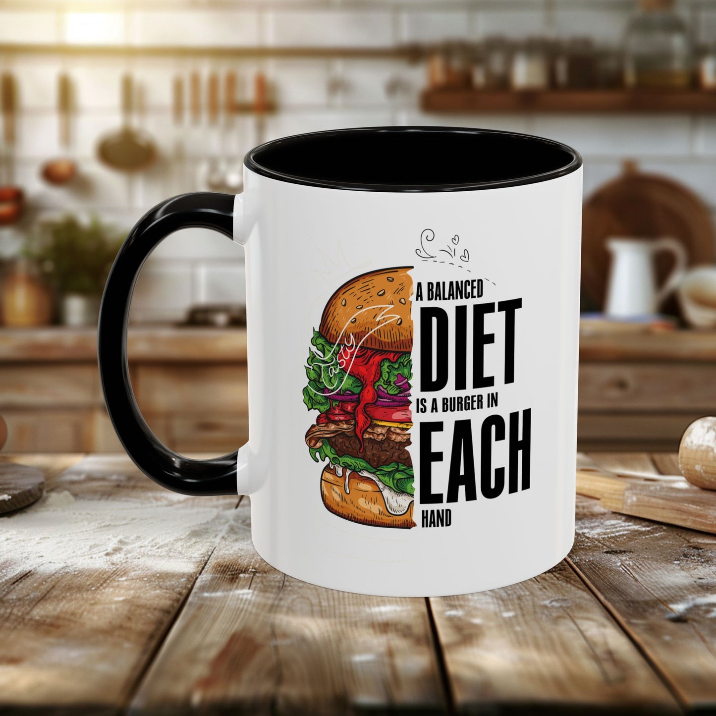 colorful mugs (11oz, 15oz) - a balanced diet is a burger in each hand - funny food quote