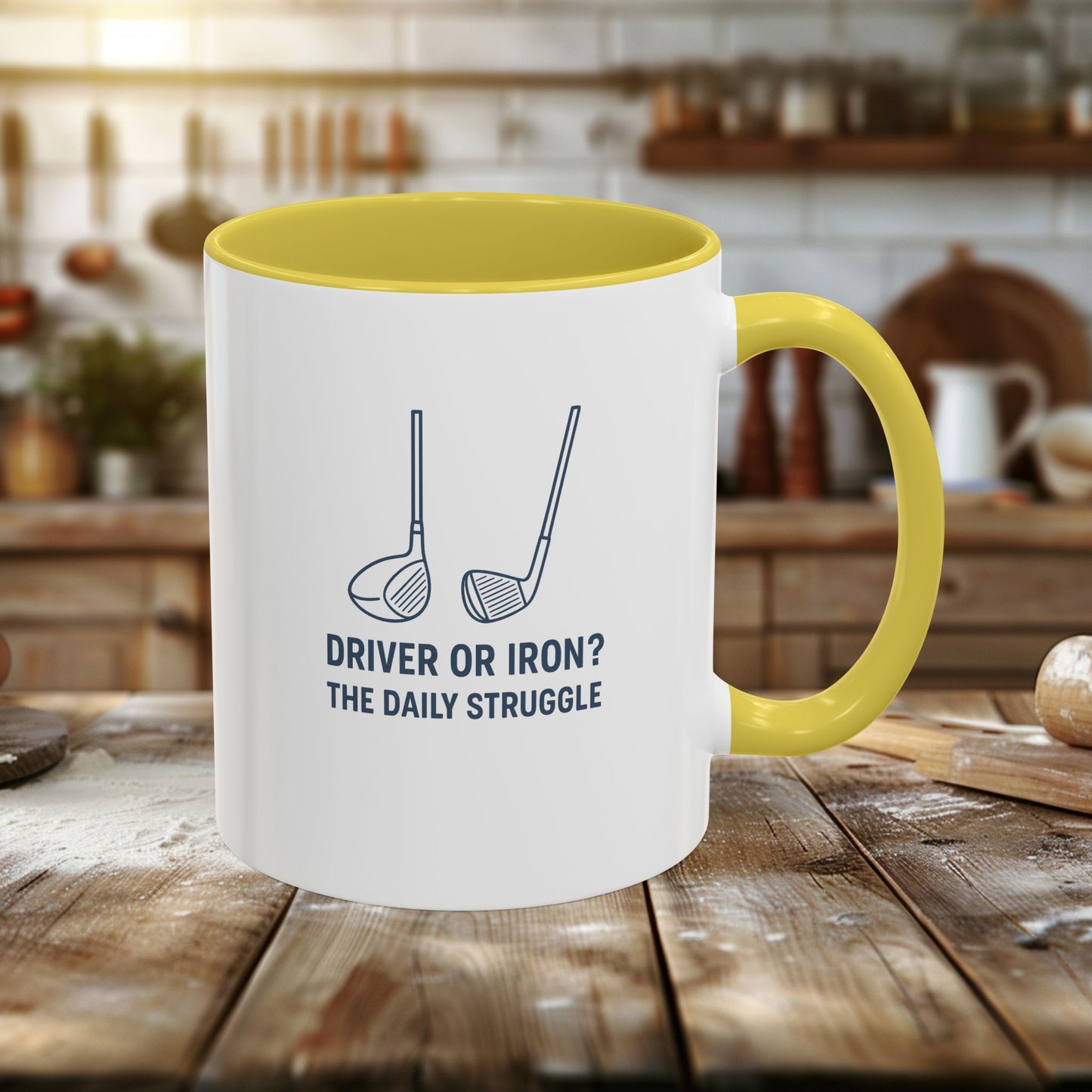 colorful golf mug - driver or iron? the daily struggle