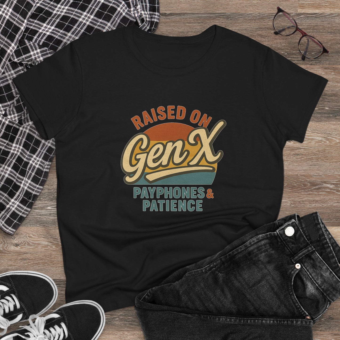 women's cotton tee - raised on gen x with payphones & patience