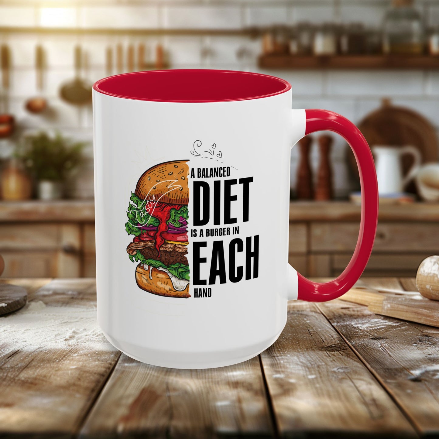 colorful mugs (11oz, 15oz) - a balanced diet is a burger in each hand - funny food quote