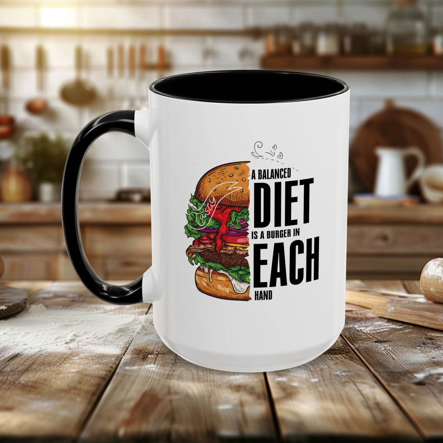 colorful mugs (11oz, 15oz) - a balanced diet is a burger in each hand - funny food quote