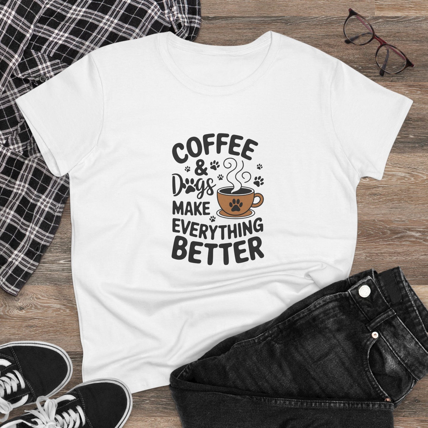 women's midweight cotton tee - coffee and dogs make everything better | funny dog lover gift | cute pet quote design