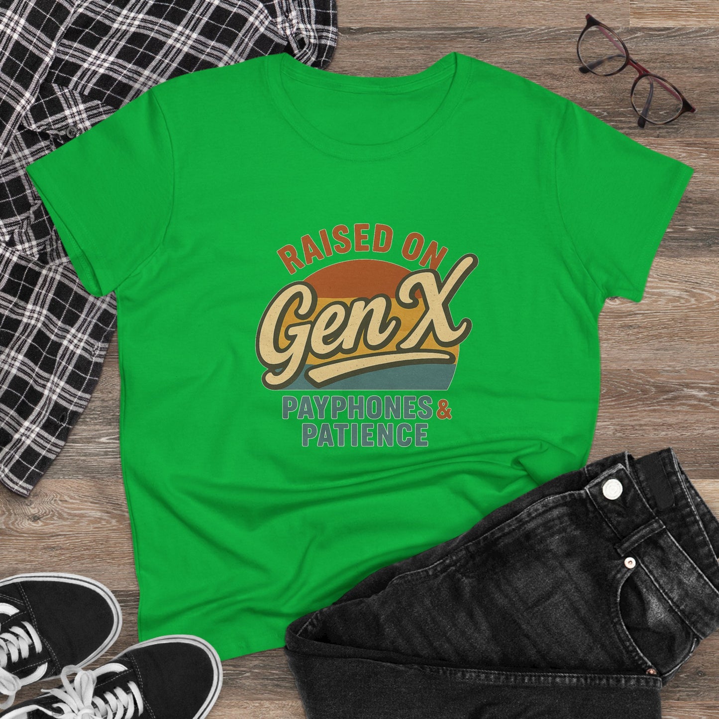 women's cotton tee - raised on gen x with payphones & patience