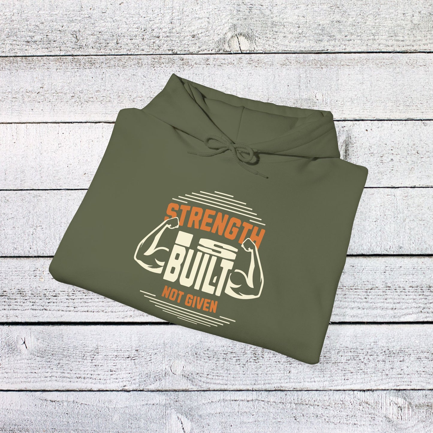 unisex heavy blend™ hooded sweatshirt - strength is built not given - motivational gym quote