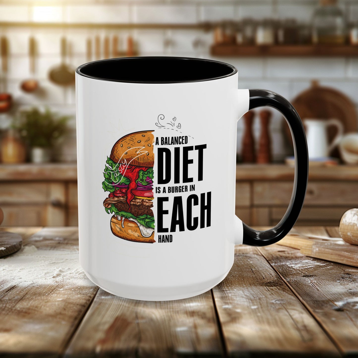 colorful mugs (11oz, 15oz) - a balanced diet is a burger in each hand - funny food quote