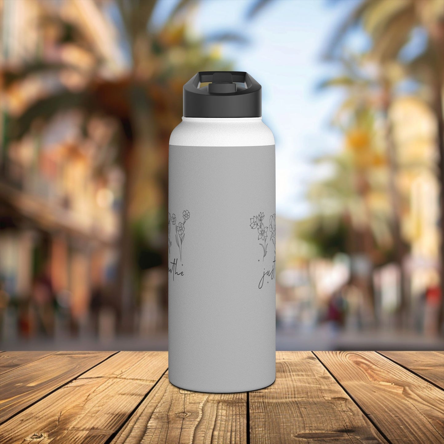 stainless steel water bottle, standard lid - just breathe - calm and mindful quote
